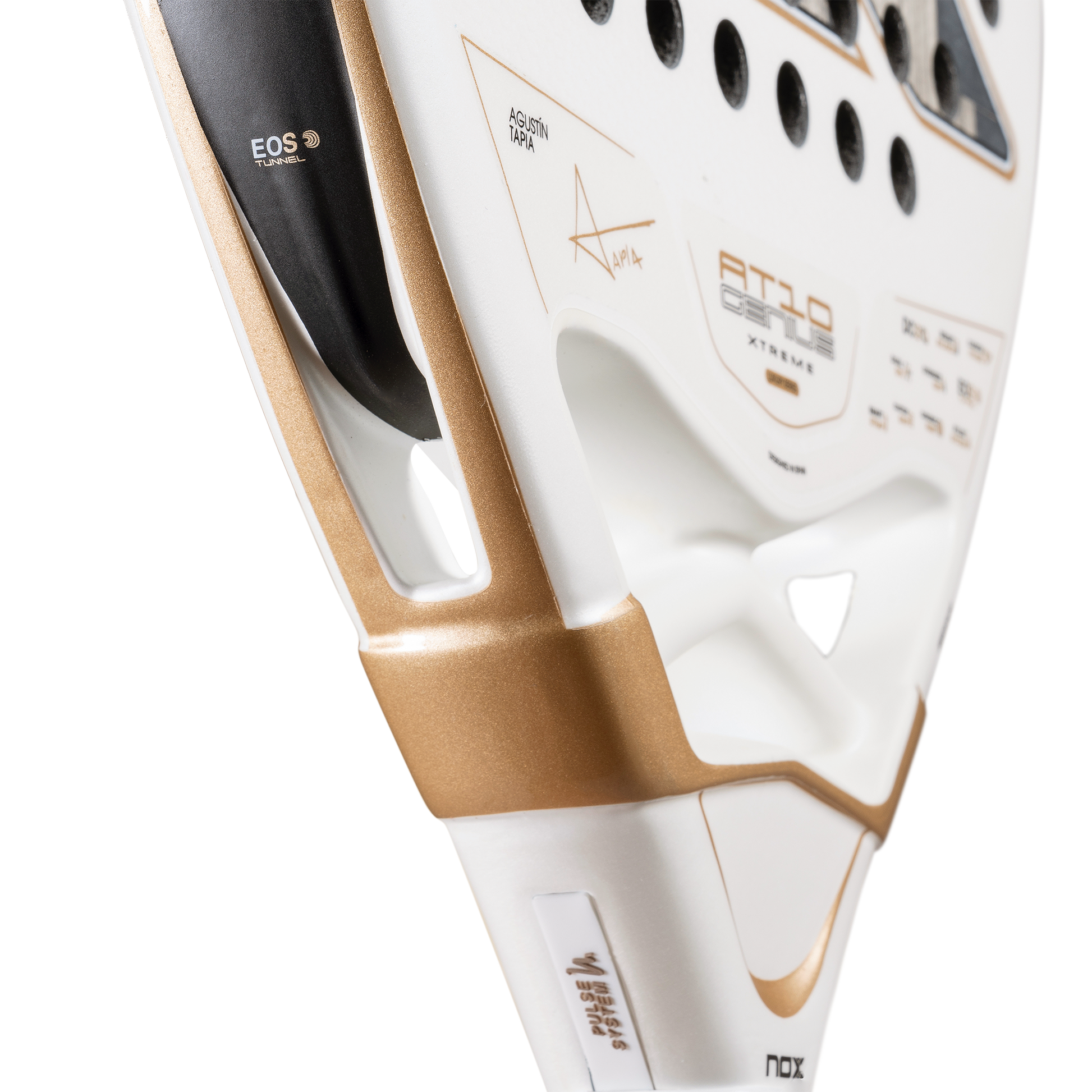 Side on view of the middle of the NOX AT10 Luxury Genius 12K Alum Xtrem Padel Racket.