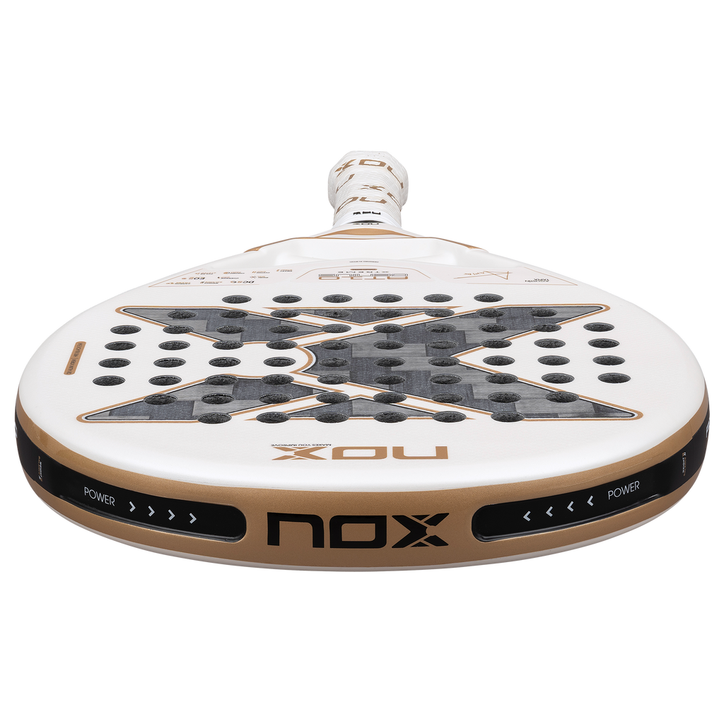 Flat Top Down view of the NOX AT10 Luxury Genius 12K Alum Xtrem padel racket. Available at ThePadelShop.co.nz