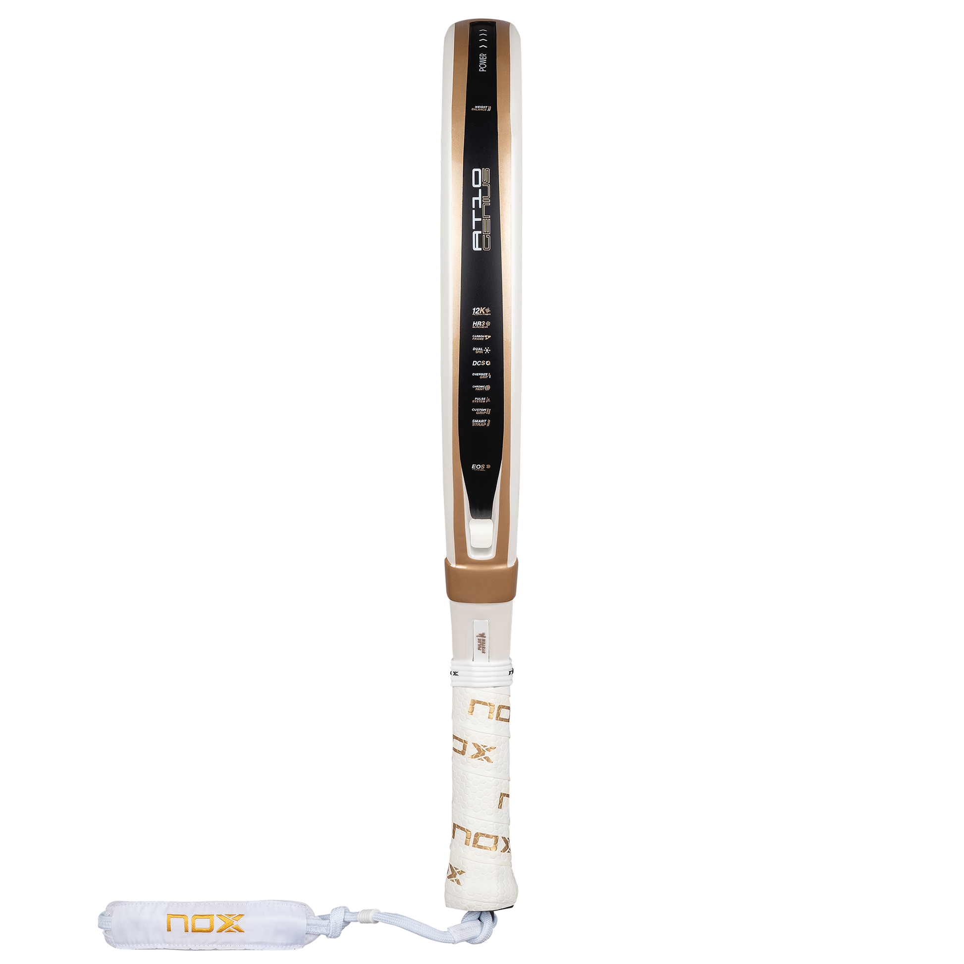 Upright, side-on view of the NOX AT10 Luxury Genius 12K Alum Xtrem by Agustin Tapia (2026) racquet. Available at ThePadelShop.co.nz
