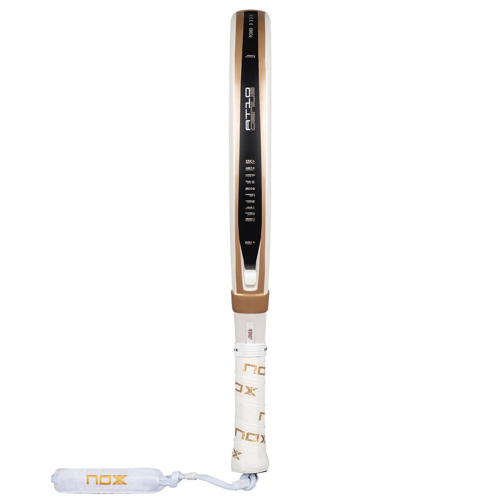 Upright, side-on view of the NOX AT10 Luxury Genius 12K Alum Xtrem by Agustin Tapia (2026) racquet. Available at ThePadelShop.co.nz