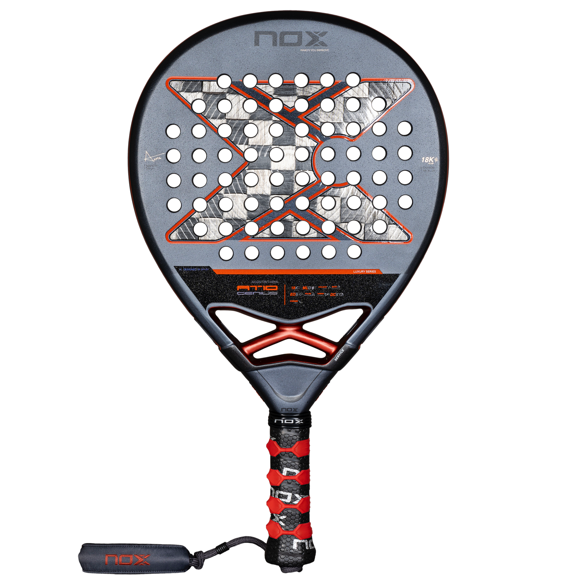 Front Image of the 2025 NOX AT10 Luxury Genius 18K ALUM by Agustin Tapia Padel Racket available in new Zealand from ThePadelShop.co.nz