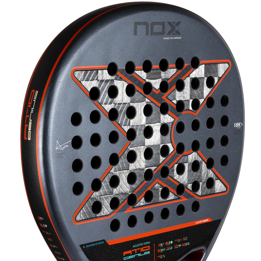 2025 NOX AT10 Luxury Genius 18K ALUM by Agustin Tapia Padel Racket - Close up on head Image
