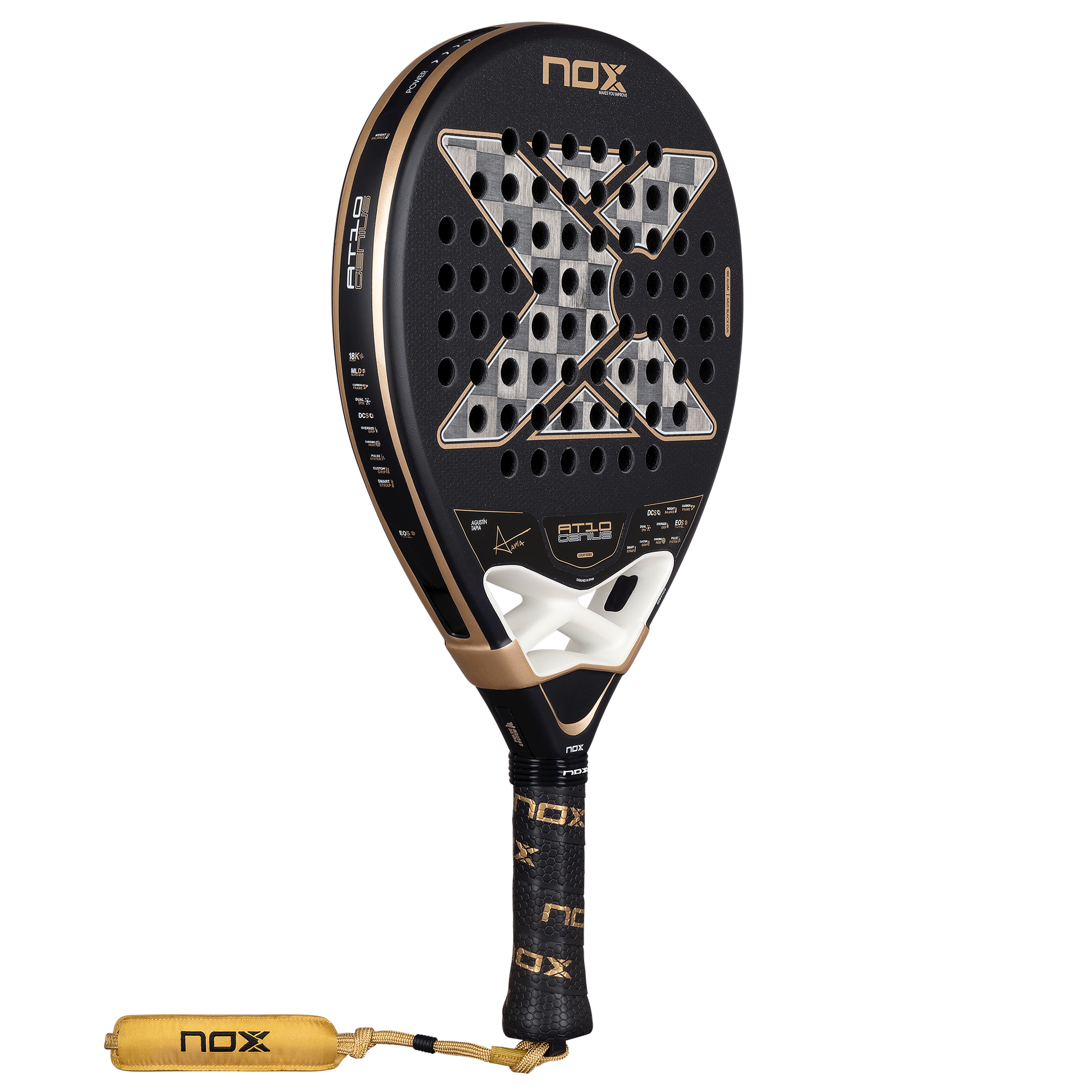 angled, front-on image of the NOX AT10 Luxury Genius 18K alum padel racket. Available at ThePadelShop.co.nz