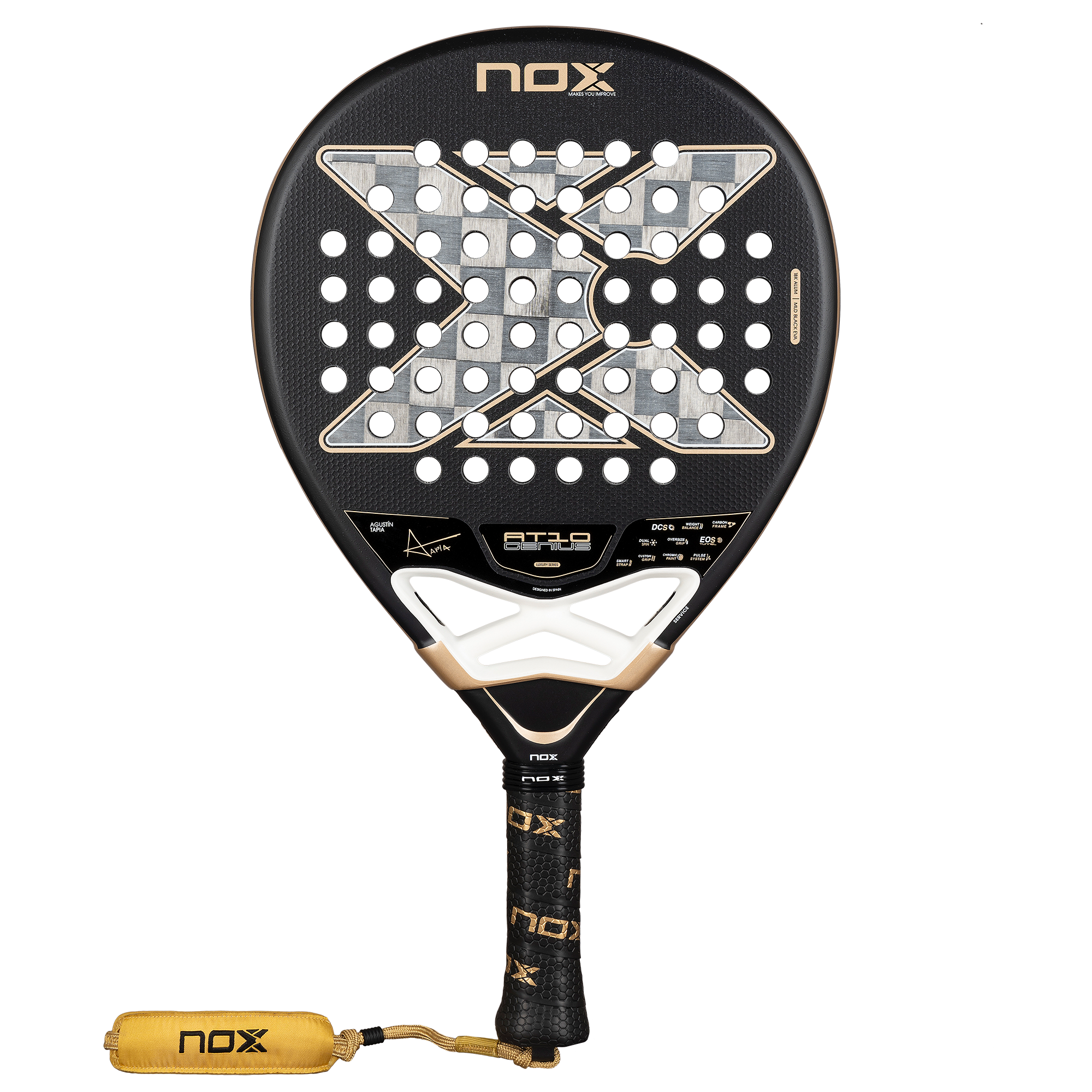 Straight front on image of the NOX AT10 Luxury Genius 18K Alum by Agustin Tapia (2026). Available at ThePadelShop.co.nz