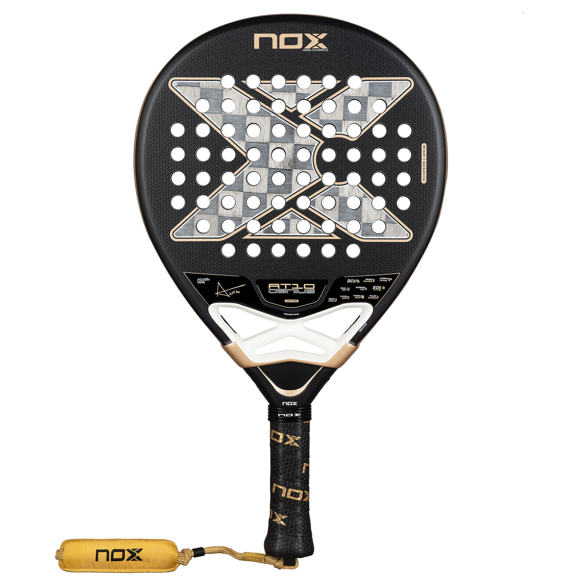 Straight front on image of the NOX AT10 Luxury Genius 18K Alum by Agustin Tapia (2026). Available at ThePadelShop.co.nz