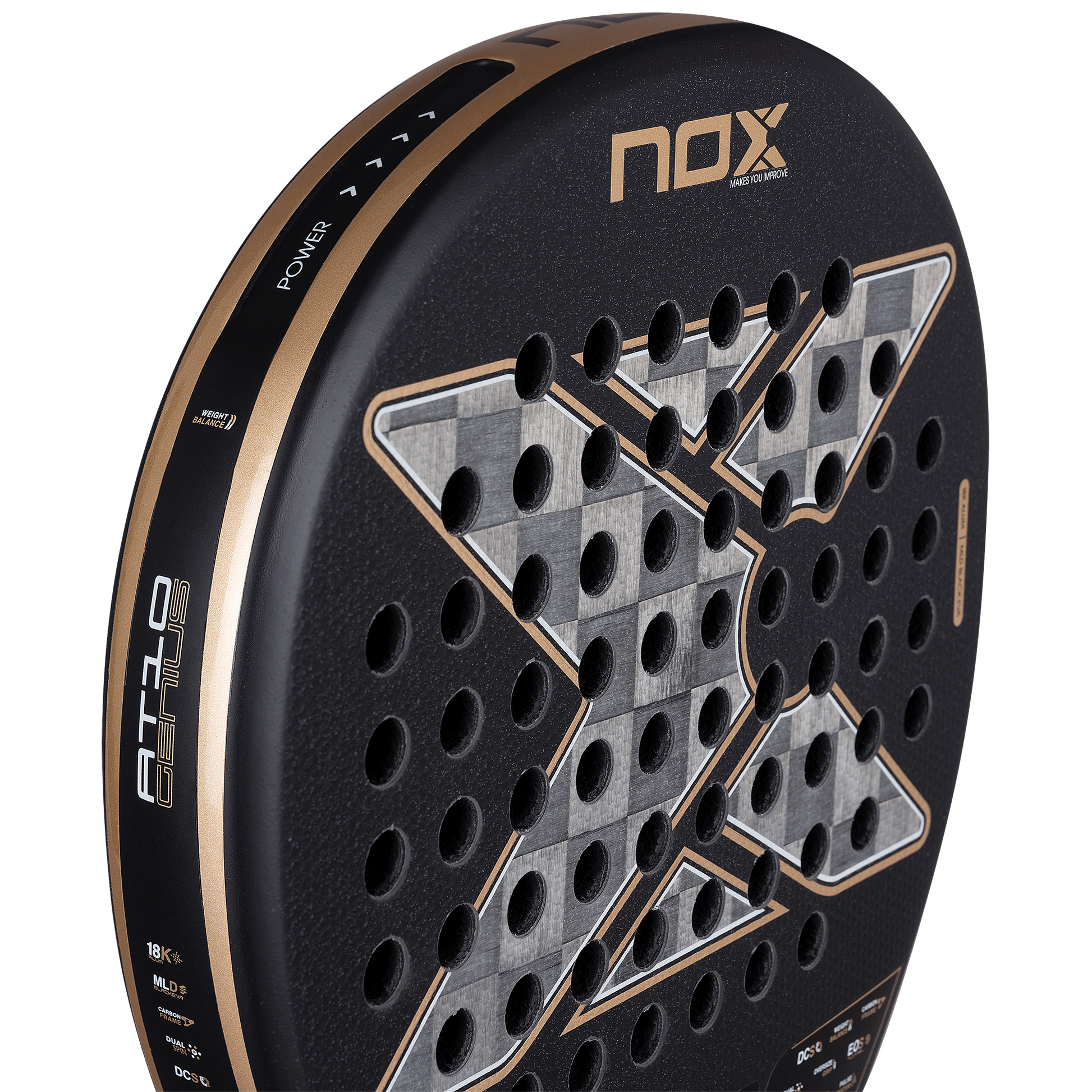 Top section of the NOX AT10 Luxury Genius 18K Alum (2026) padel racket by Agustin Tapia. Available at ThePadelShop.co.nz
