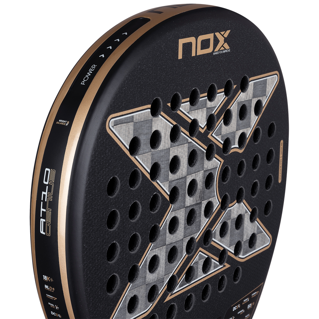 Top section of the NOX AT10 Luxury Genius 18K Alum (2026) padel racket by Agustin Tapia. Available at ThePadelShop.co.nz