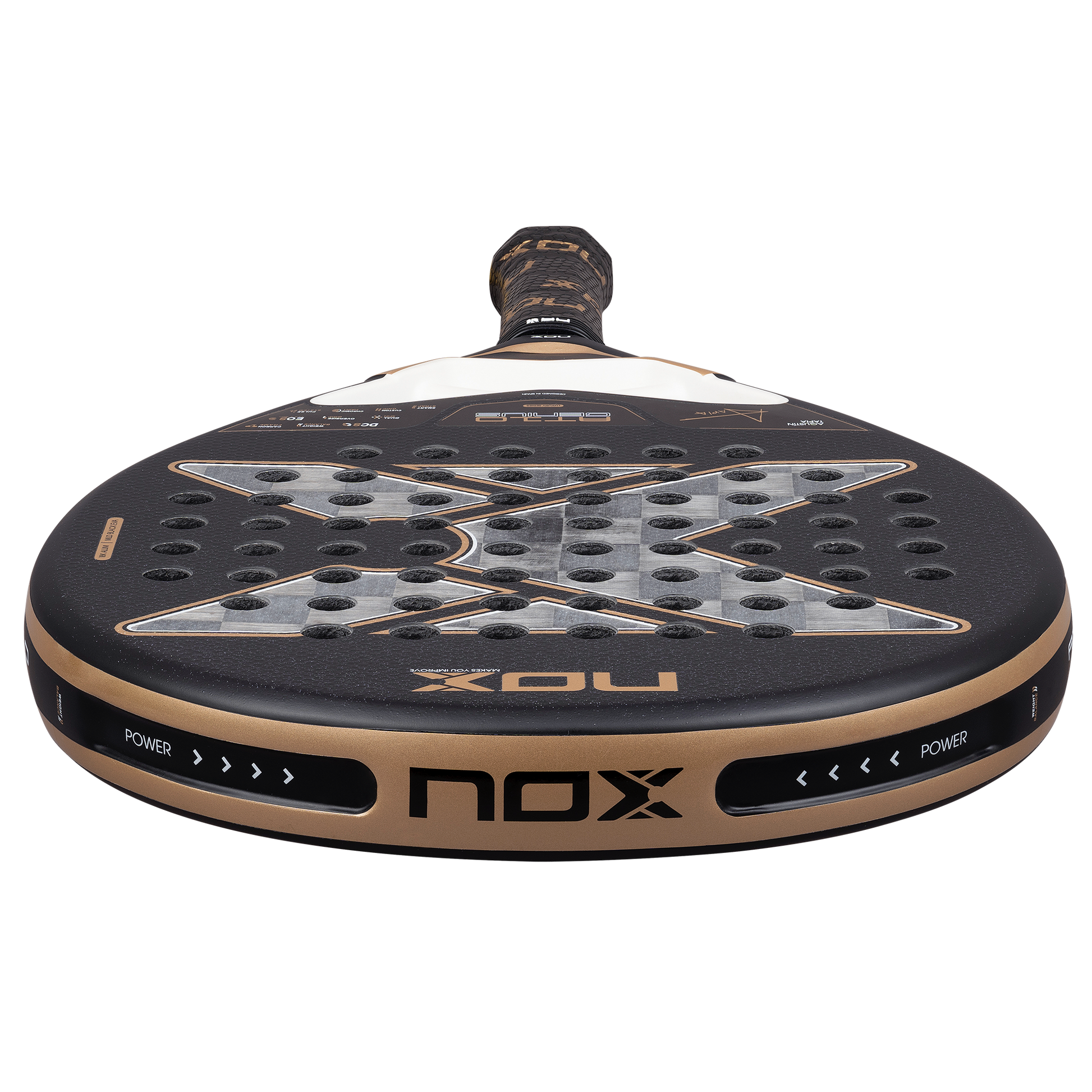 Top down, flat image of the NOX AT10 Luxury Genius 18K Alum (2026) padel racket by Agustin Tapia. Available at ThePadelShop.co.nz