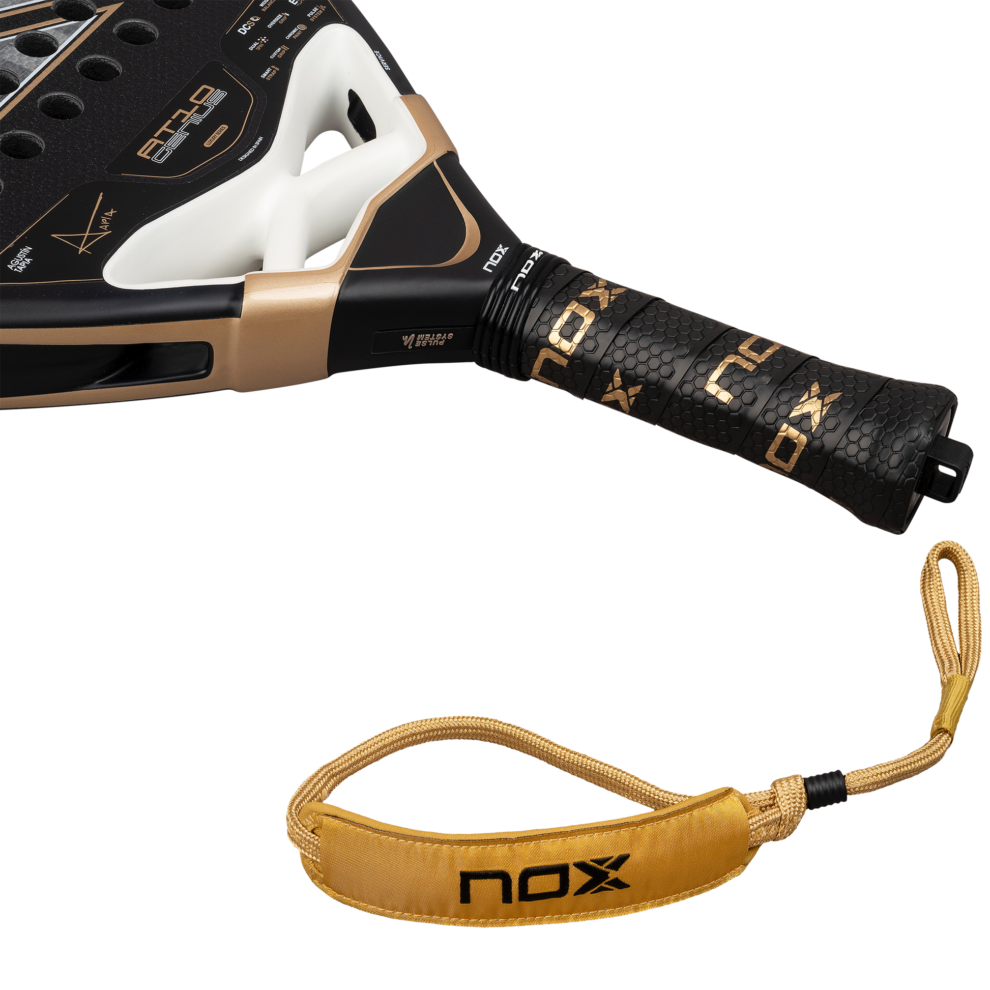 Grip and wrist strap image of the NOX AT10 Luxury Genius 18K Alum (2026) padel racket by Agustin Tapia. Available at ThePadelShop.co.nz