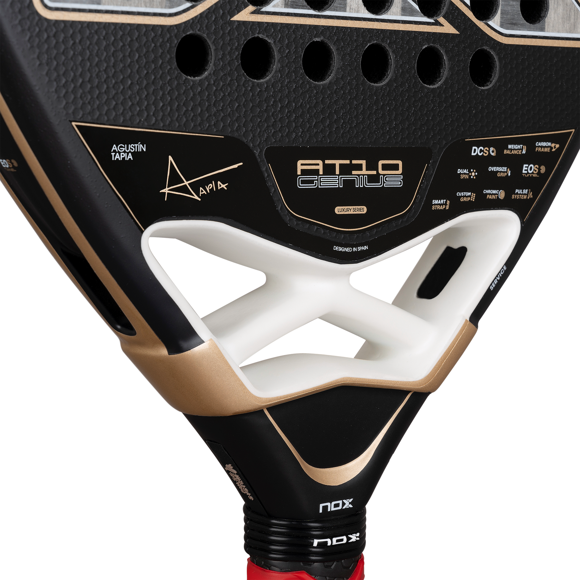 Front-on, midsection image of the NOX AT10 Luxury Genius 18K Alum (2026) padel racket by Agustin Tapia. Available at ThePadelShop.co.nz
