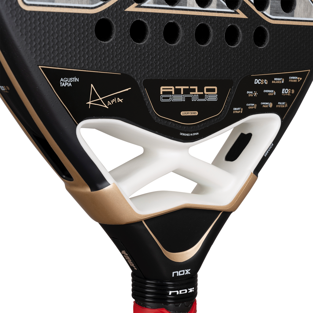 Front-on, midsection image of the NOX AT10 Luxury Genius 18K Alum (2026) padel racket by Agustin Tapia. Available at ThePadelShop.co.nz