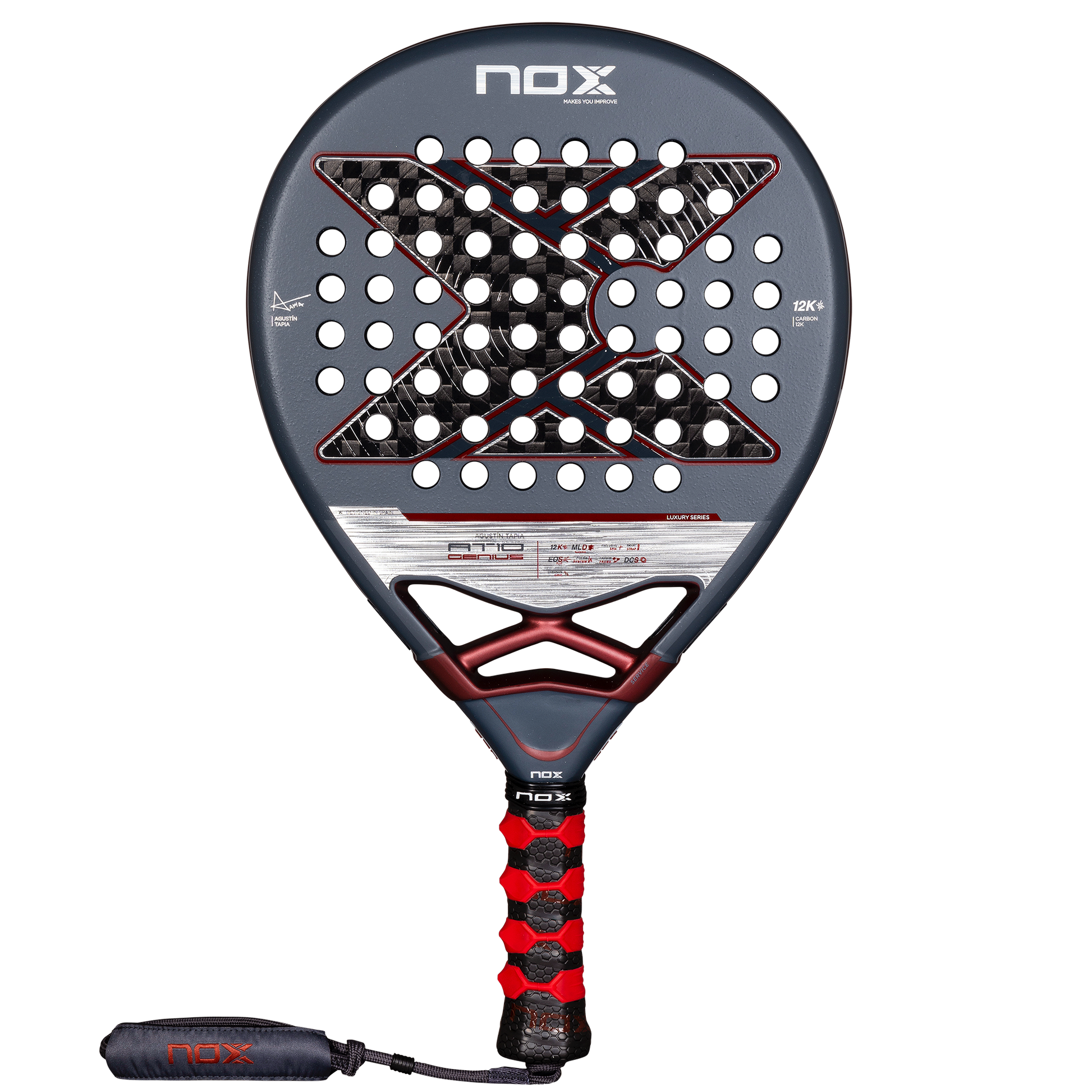 Front view of the NOX AT10 Luxury Genius 12K 2025 padel racket designed by Agustin Tapia. This padel racket is available at ThePadelShop.co.nz for New Zealand padel players.