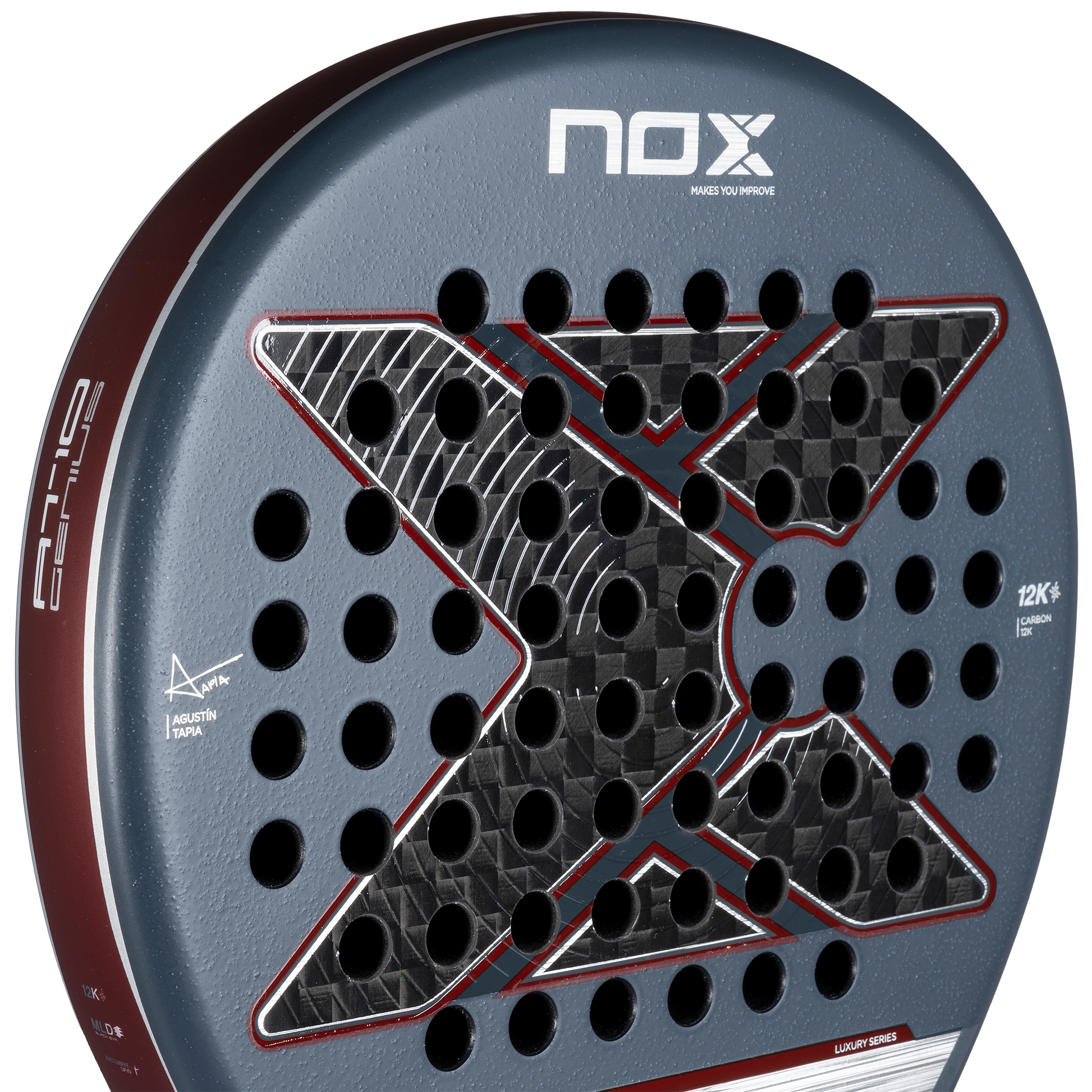 Close up of the face view of the NOX AT10 Luxury Genius 12K 2025 padel racket designed by Agustin Tapia. This padel racket is available at ThePadelShop.co.nz for New Zealand padel players.