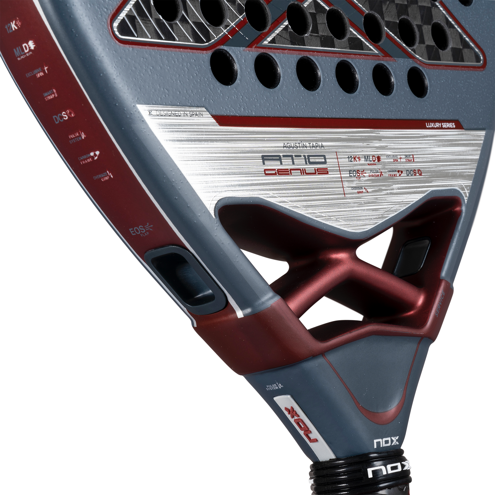 Close up of the heart view of the NOX AT10 Luxury Genius 12K 2025 padel racket designed by Agustin Tapia. This padel racket is available at ThePadelShop.co.nz for New Zealand padel players.
