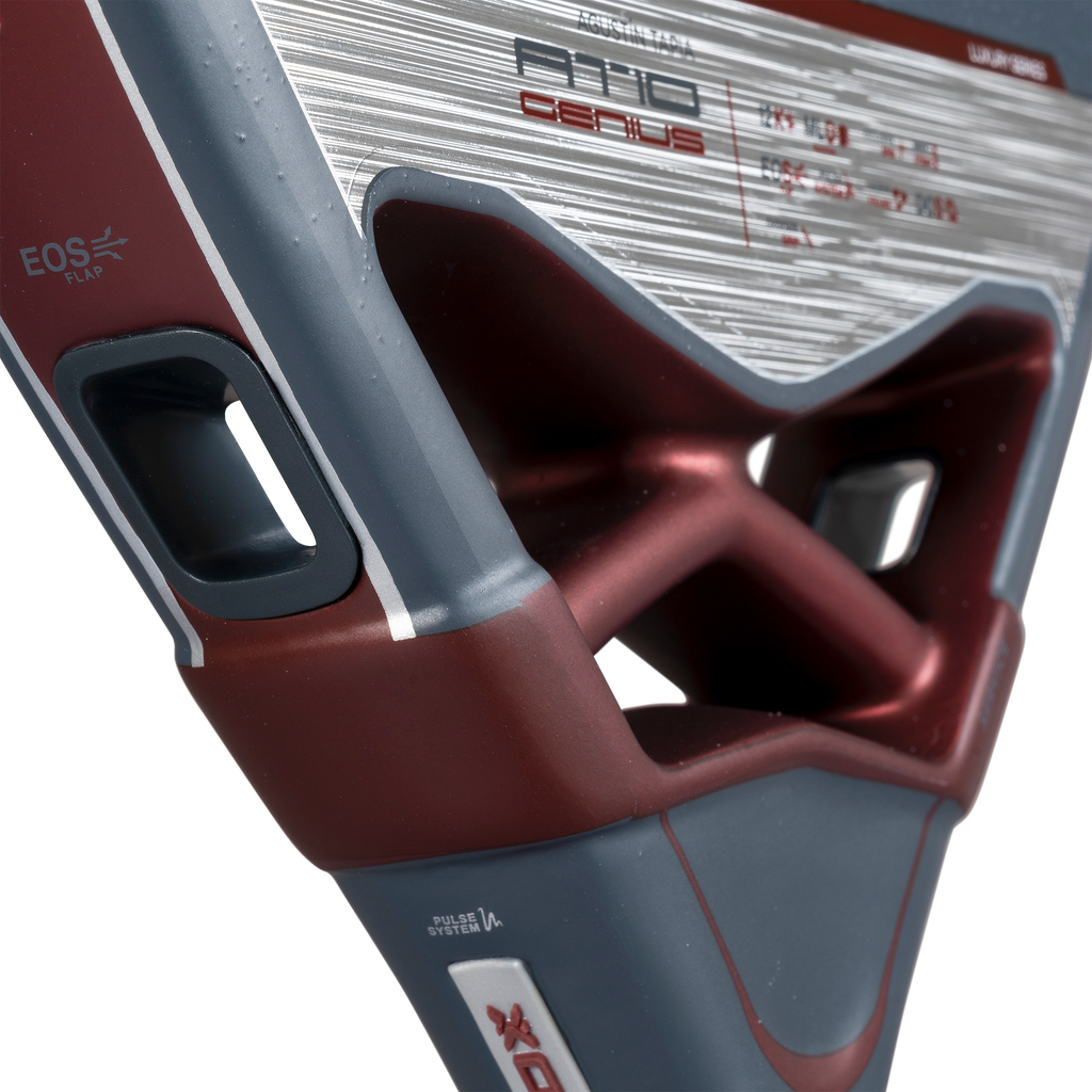 A close up view of the EOS flap of the NOX AT10 Luxury Genius 12K 2025 padel racket designed by Agustin Tapia. This padel racket is available at ThePadelShop.co.nz for New Zealand padel players.