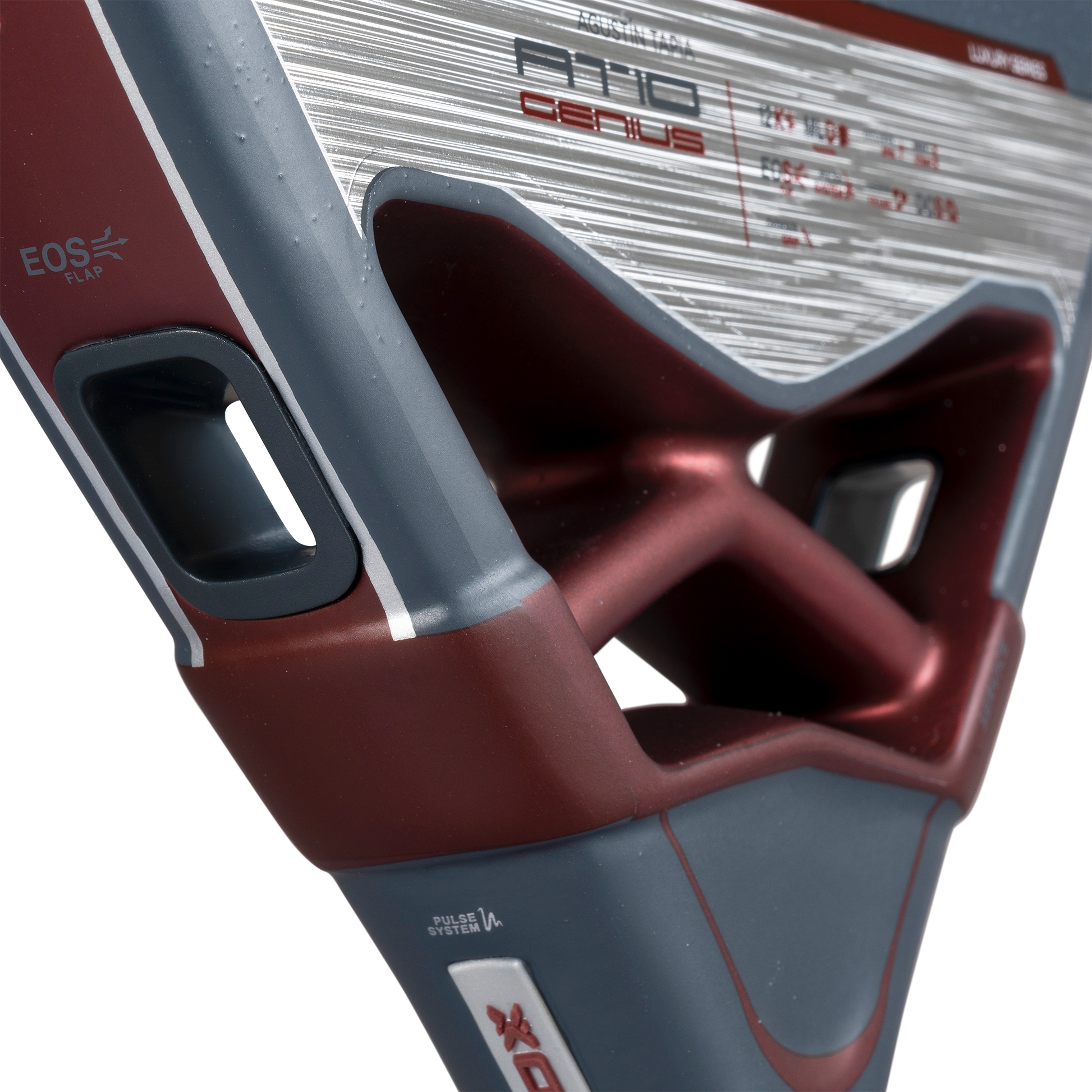 A close up view of the EOS flap of the NOX AT10 Luxury Genius 12K 2025 padel racket designed by Agustin Tapia. This padel racket is available at ThePadelShop.co.nz for New Zealand padel players.
