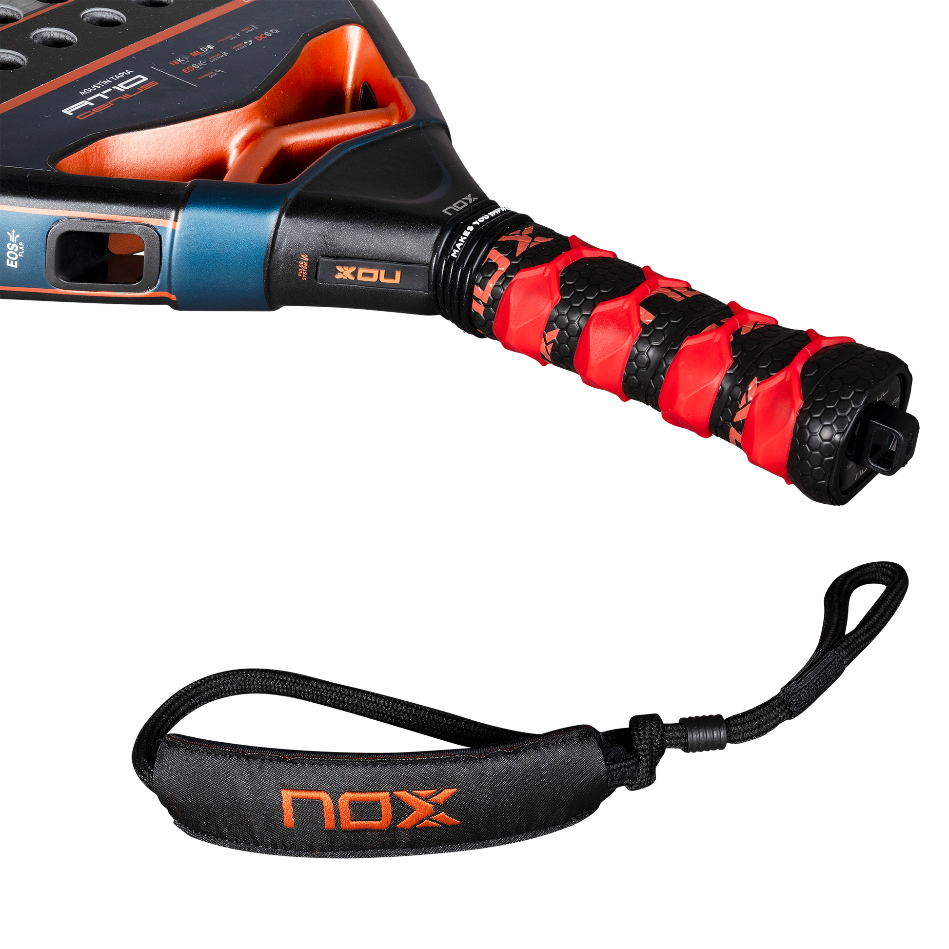 Close up image of grip and smartstrap on the NOX AT10 Genius ATTACK 18K Alum 2025 Padel racket inspired by Agustin Tapia which is available for sale at The Padel Shop NZ