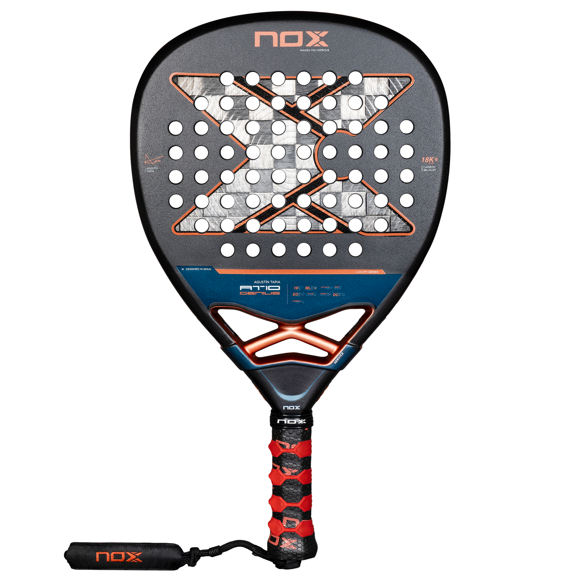 Front image of the NOX AT10 Genius ATTACK 18K Alum 2025 Padel racket inspired by Agustin Tapia which is available for sale at The Padel Shop NZ