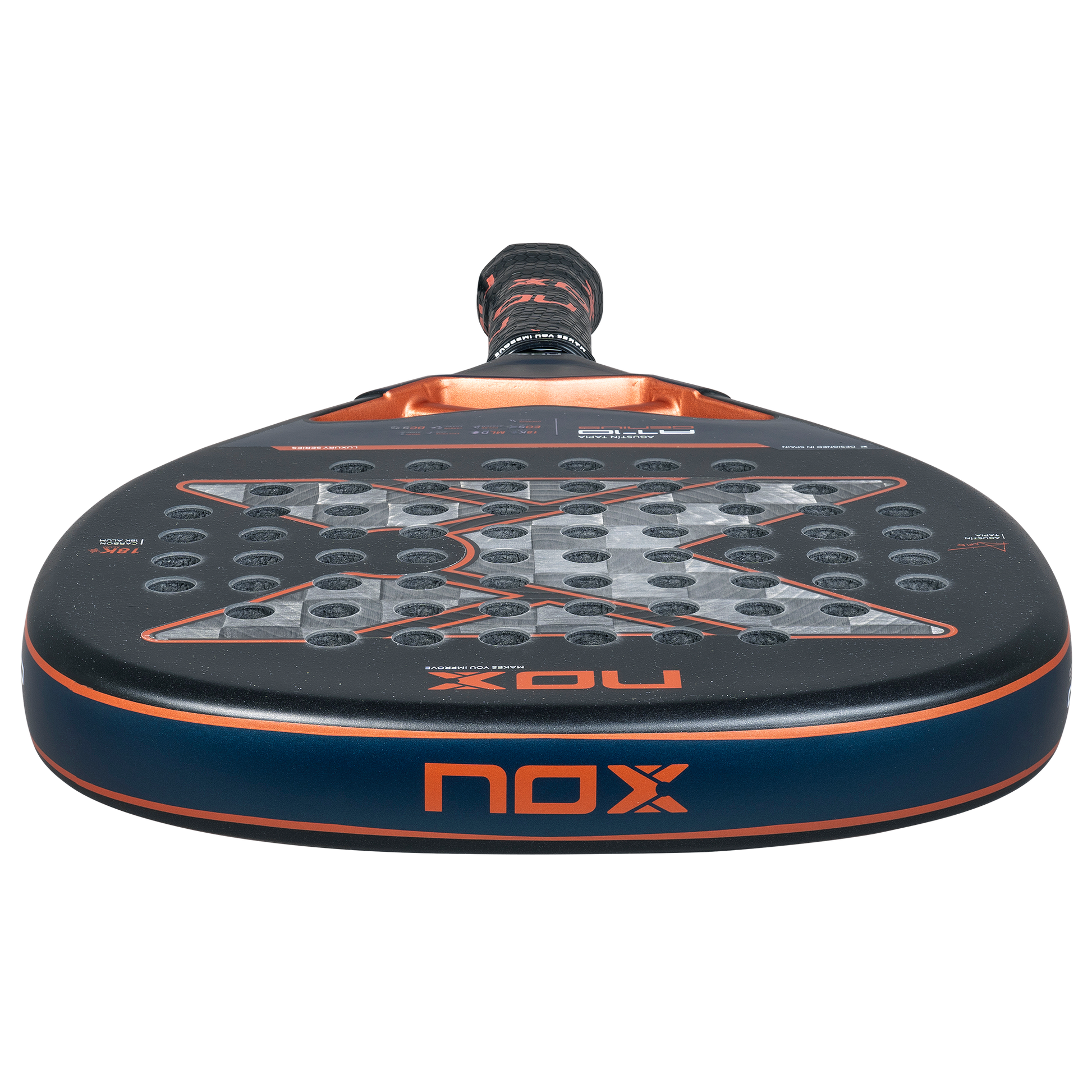 Top image of the NOX AT10 Genius ATTACK 18K Alum 2025 Padel racket inspired by Agustin Tapia which is available for sale at The Padel Shop NZ