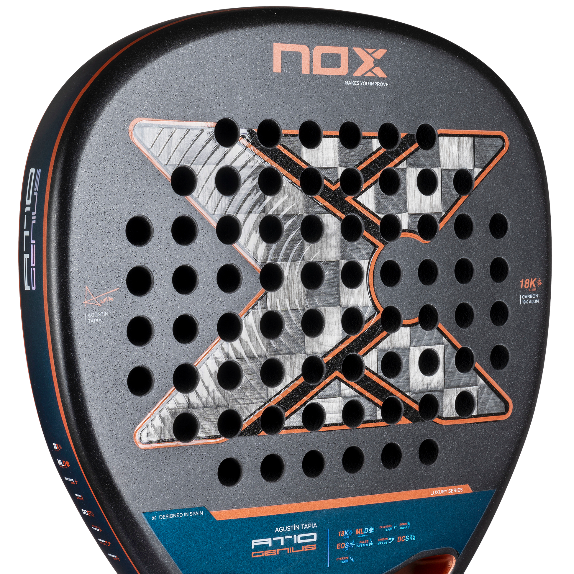 Close up image of hitting surface of the NOX AT10 Genius ATTACK 18K Alum 2025 Padel racket inspired by Agustin Tapia which is available for sale at The Padel Shop NZ
