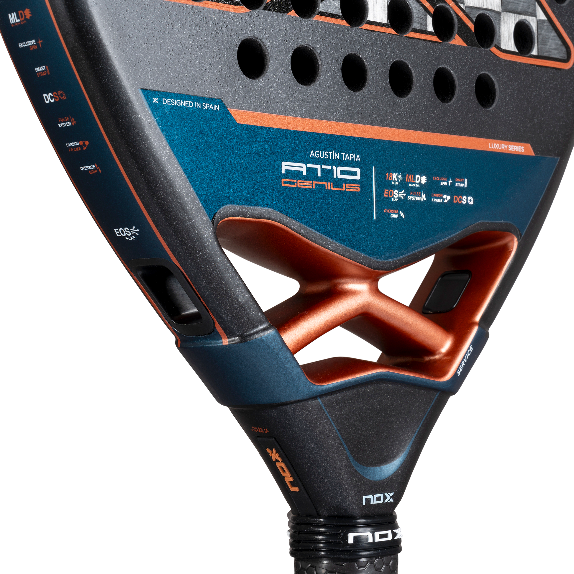 Close up image of heart of the NOX AT10 Genius ATTACK 18K Alum 2025 Padel racket inspired by Agustin Tapia which is available for sale at The Padel Shop NZ