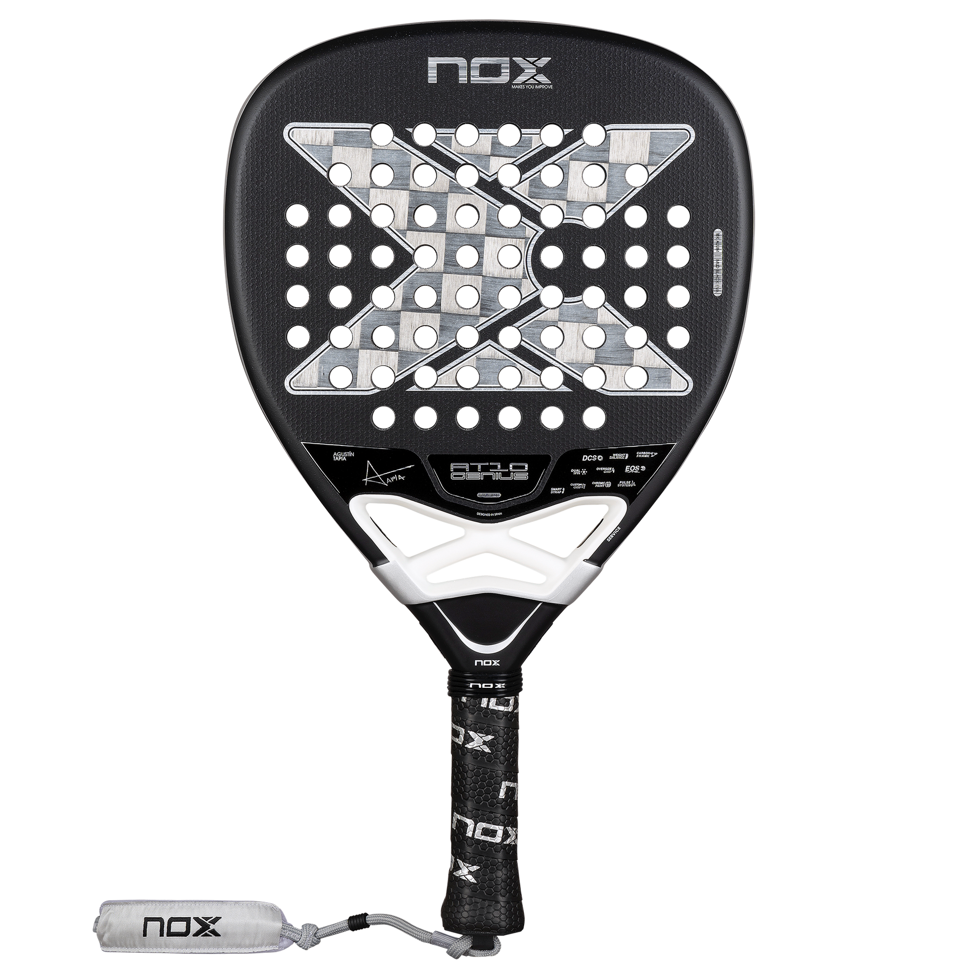 Front image of the NOX AT10 Genius ATTACK 18k Alum pale racket available in New Zealand from ThePadelShop.co.nz