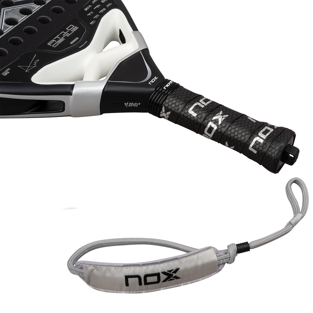 Close up of smart strap of the NOX AT10 Genius ATTACK 18k Alum padel racket available in New Zealand from ThePadelShop.co.nz