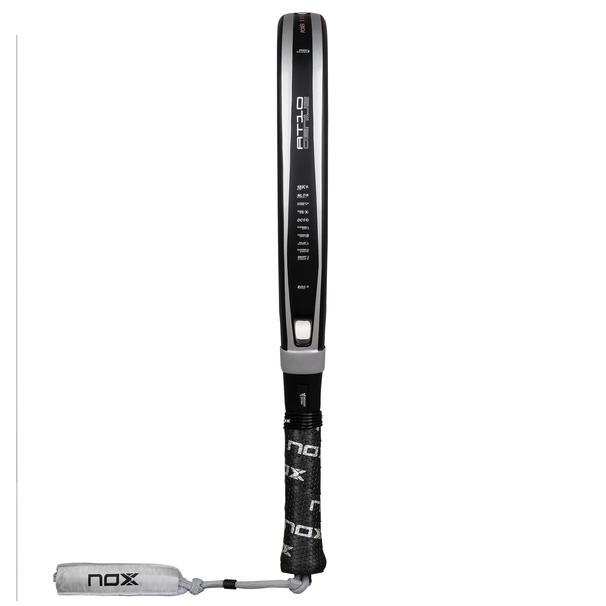 Side image of the NOX AT10 Genius ATTACK 18k Alum pale racket available in New Zealand from ThePadelShop.co.nz