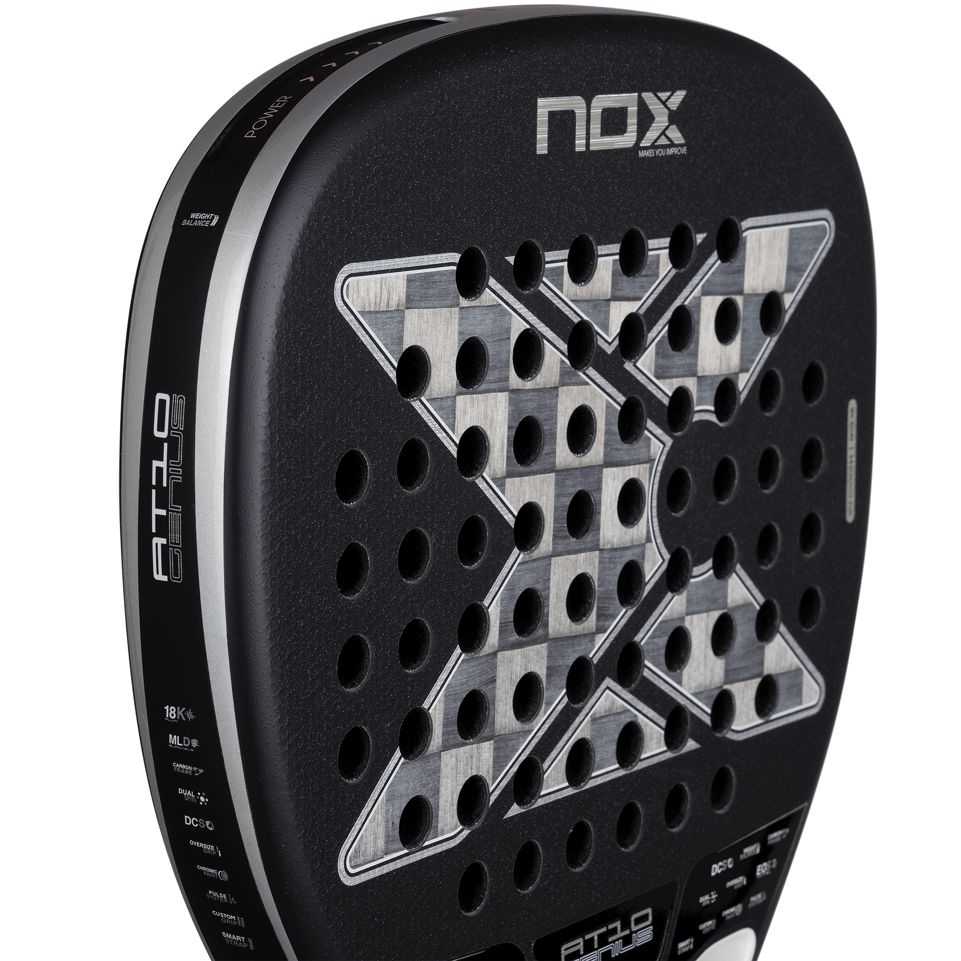 Close up of face image of the NOX AT10 Genius ATTACK 18k Alum padel racket available in New Zealand from ThePadelShop.co.nz