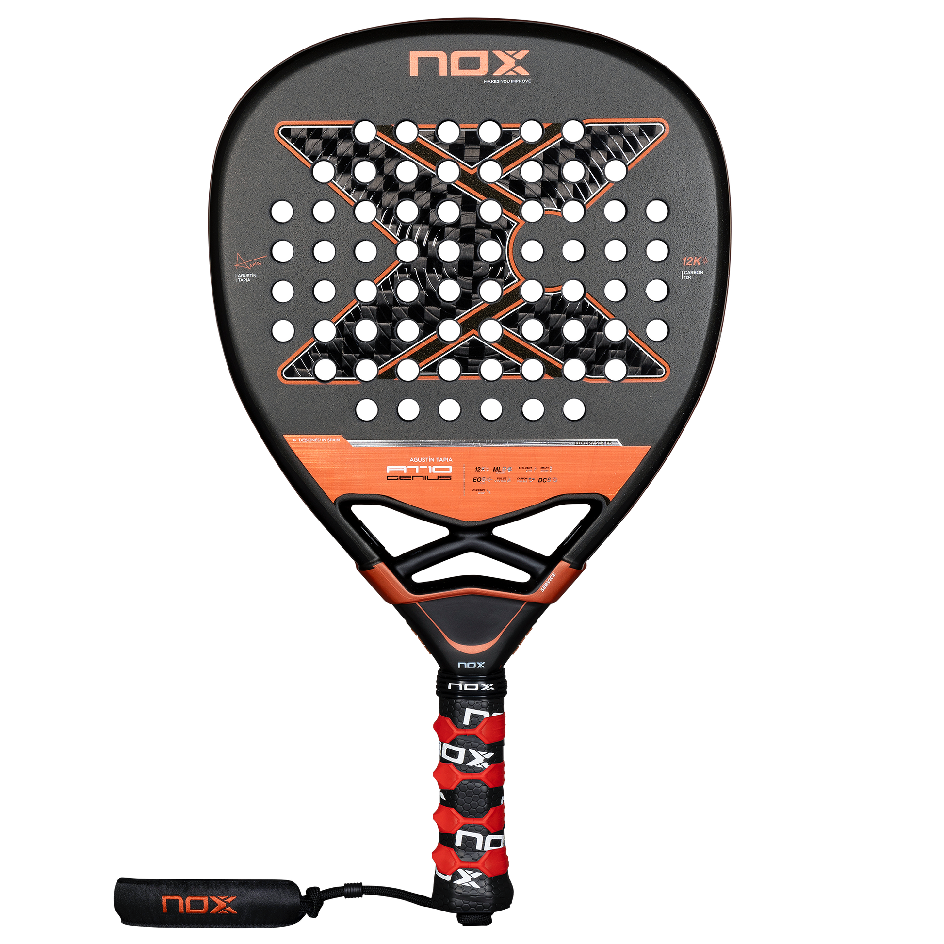 Front image of the NOX AT10 Genius ATTACK 12K 2025 padel racket inspired by Agustin Tapia that is available in New Zealand from The Padel Shop NZ
