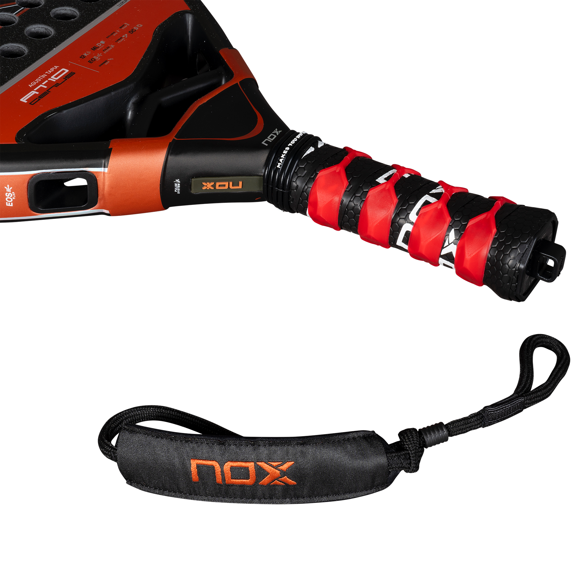 Close up image of the smartstrap on the NOX AT10 Genius ATTACK 12K 2025 padel racket inspired by Agustin Tapia that is available in New Zealand from The Padel Shop NZ
