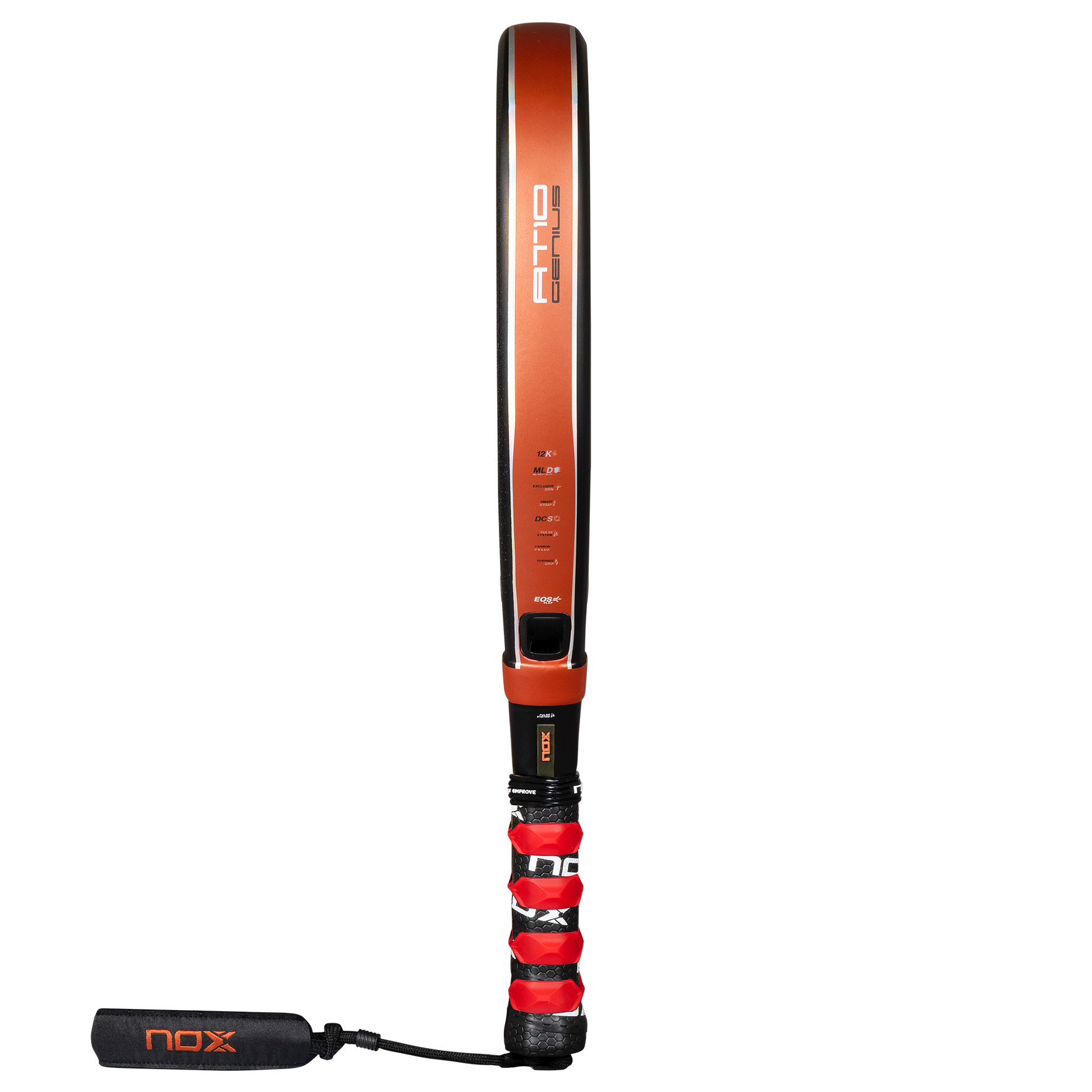 Side image of the NOX AT10 Genius ATTACK 12K 2025 padel racket inspired by Agustin Tapia that is available in New Zealand from The Padel Shop NZ