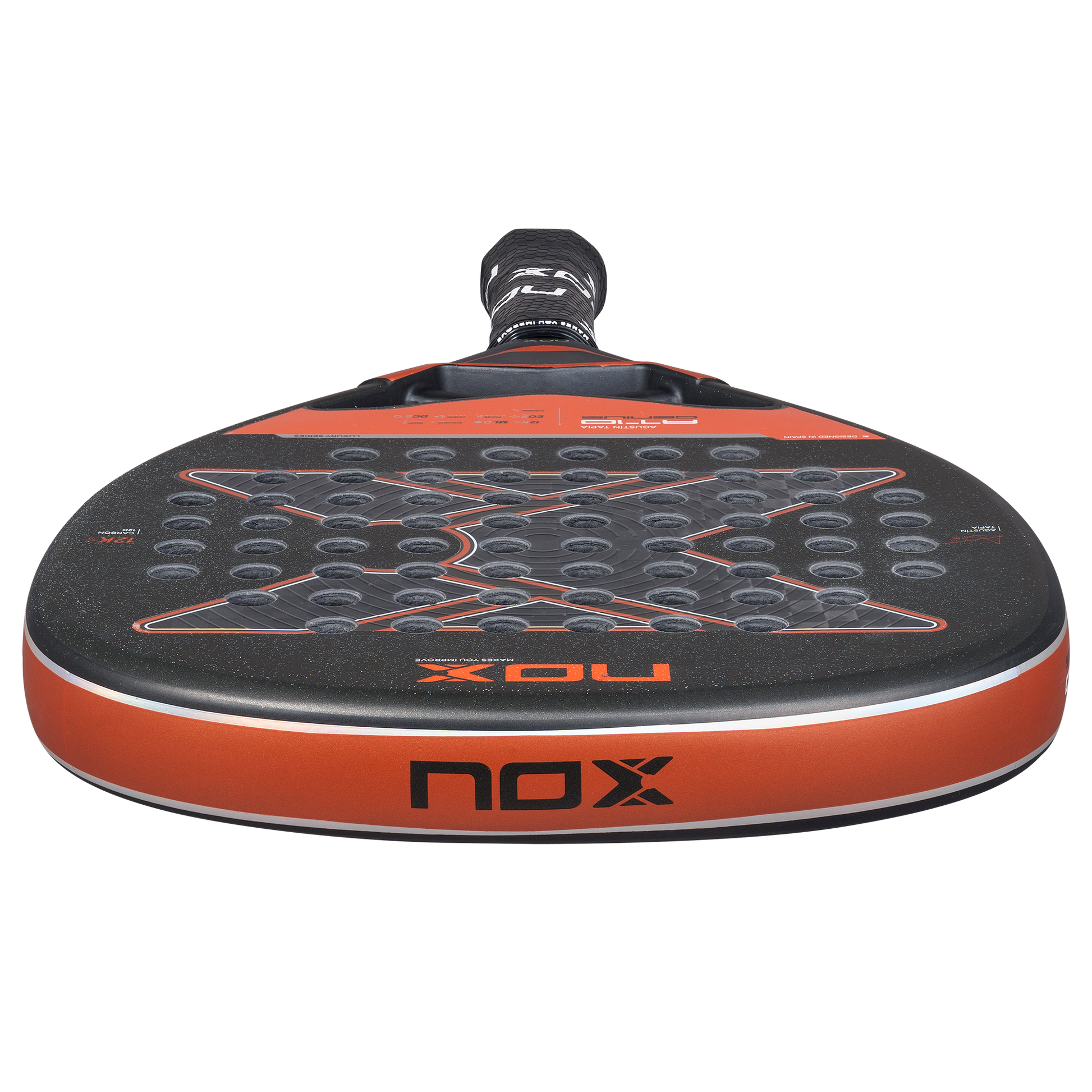Top image of the NOX AT10 Genius ATTACK 12K 2025 padel racket inspired by Agustin Tapia that is available in New Zealand from The Padel Shop NZ
