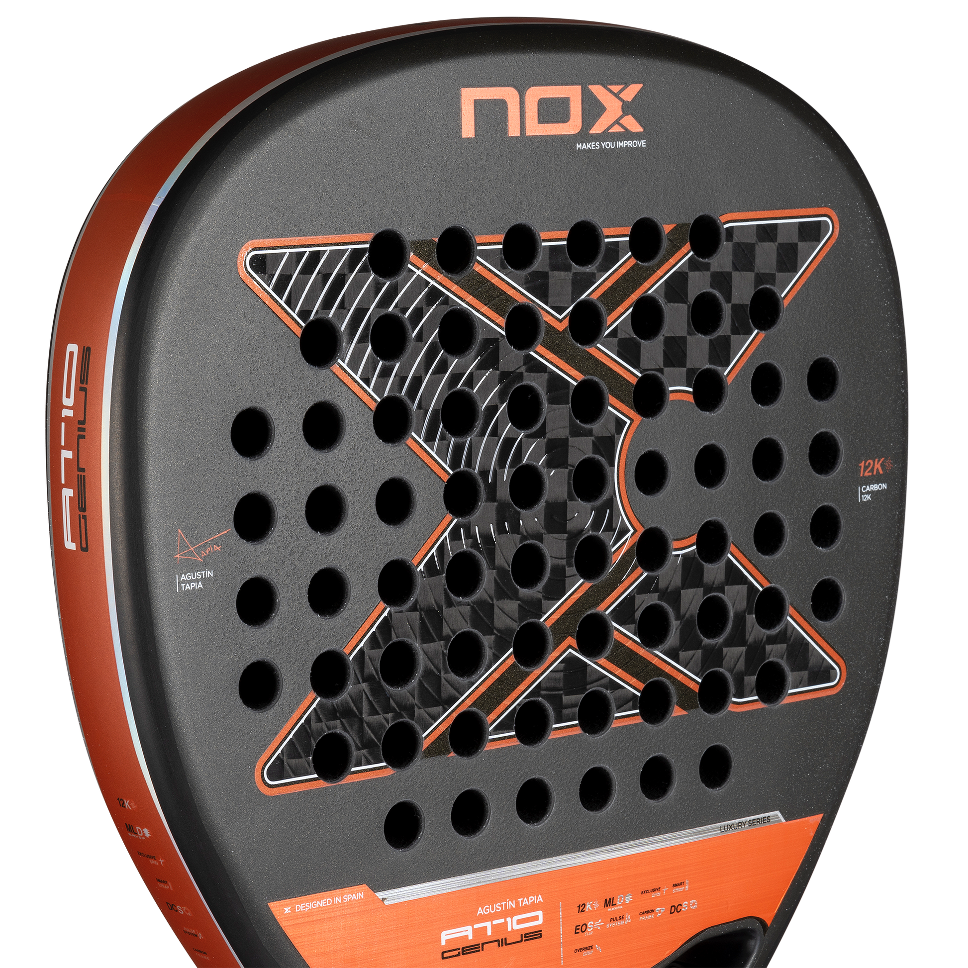 Close up image of the hitting surface on the NOX AT10 Genius ATTACK 12K 2025 padel racket inspired by Agustin Tapia that is available in New Zealand from The Padel Shop NZ