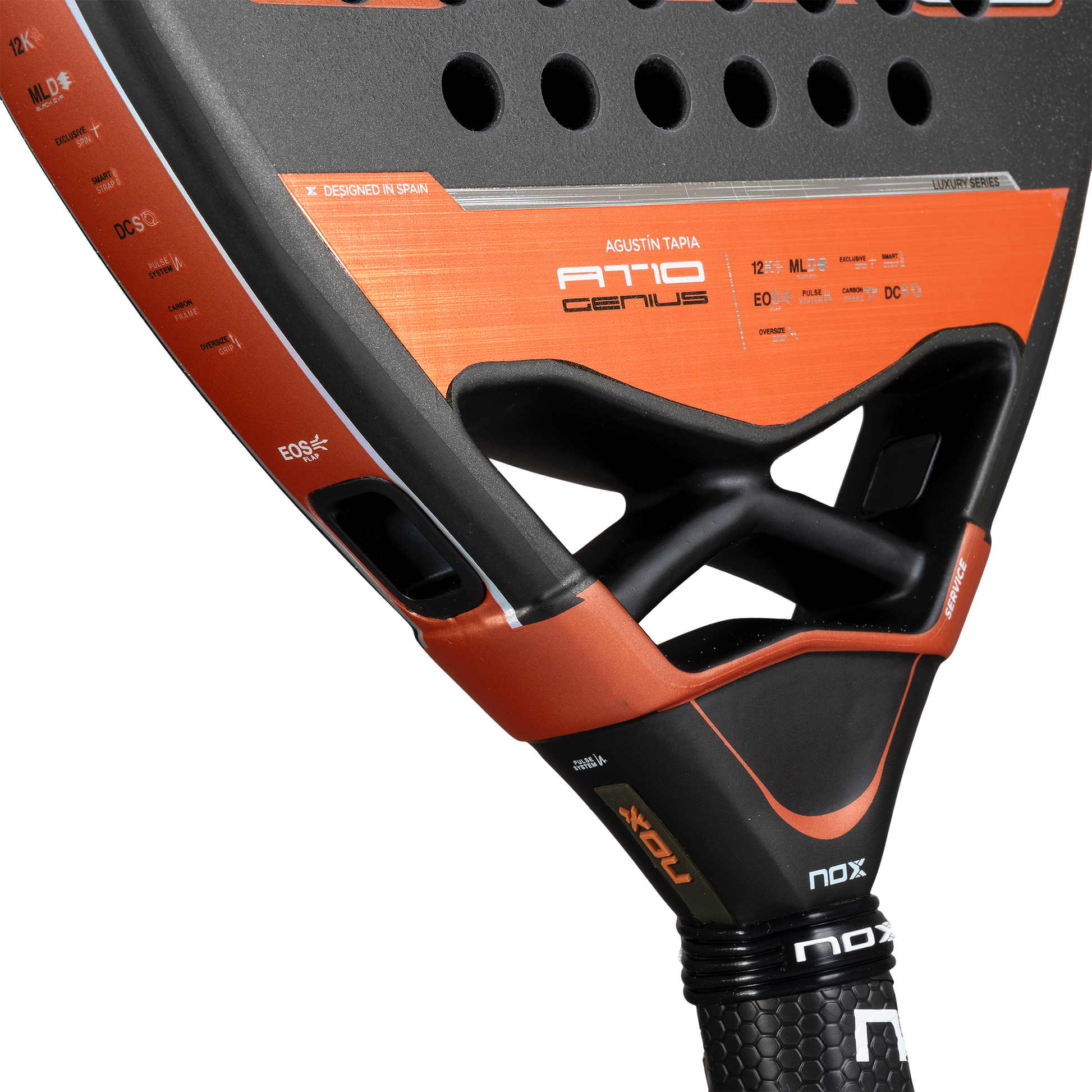 Close up image of the heart on the NOX AT10 Genius ATTACK 12K 2025 padel racket inspired by Agustin Tapia that is available in New Zealand from The Padel Shop NZ