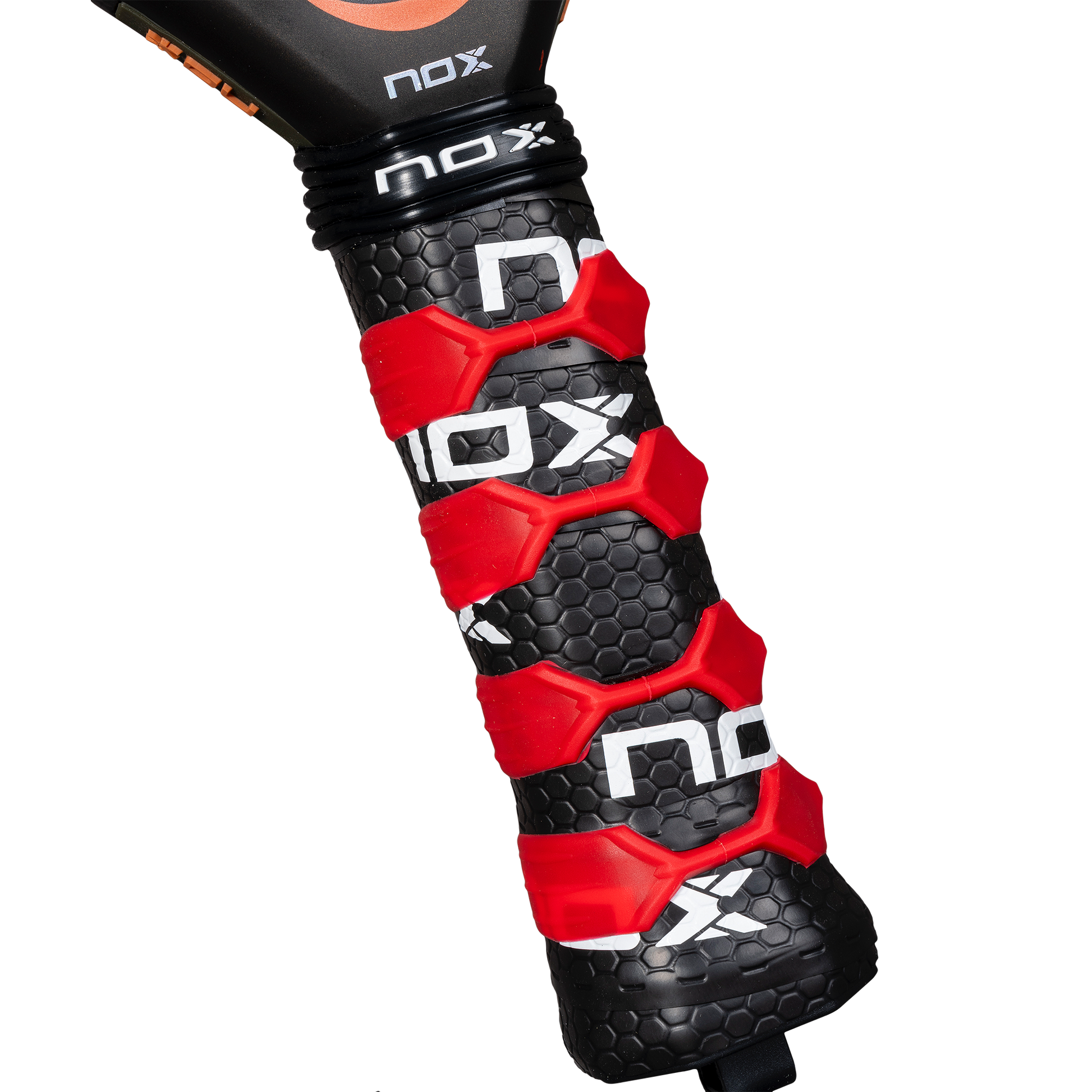 Close up image of the handle on the NOX AT10 Genius ATTACK 12K 2025 padel racket inspired by Agustin Tapia that is available in New Zealand from The Padel Shop NZ