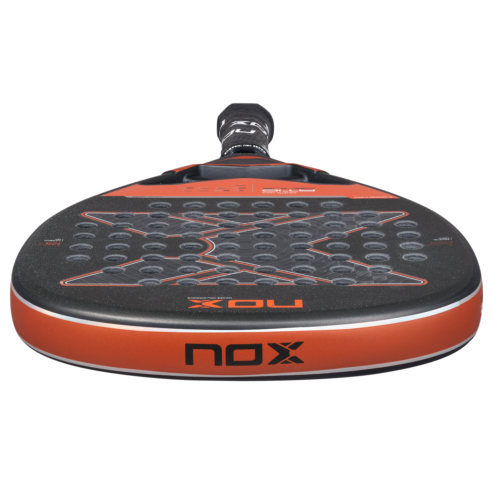 Top image of the NOX AT10 Genius ATTACK 12K 2025 padel racket inspired by Agustin Tapia that is available in New Zealand from The Padel Shop NZ