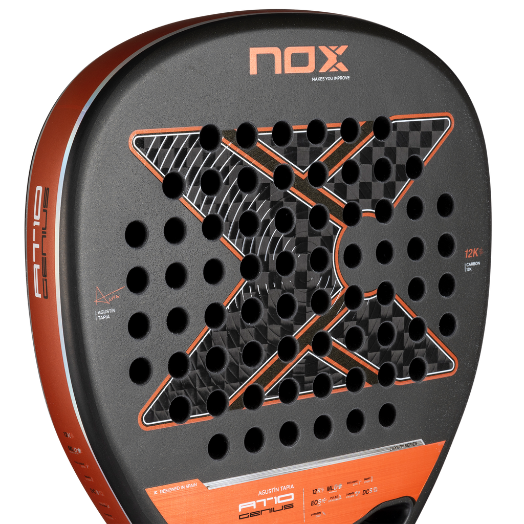 Close up image of the hitting surface on the NOX AT10 Genius ATTACK 12K 2025 padel racket inspired by Agustin Tapia that is available in New Zealand from The Padel Shop NZ
