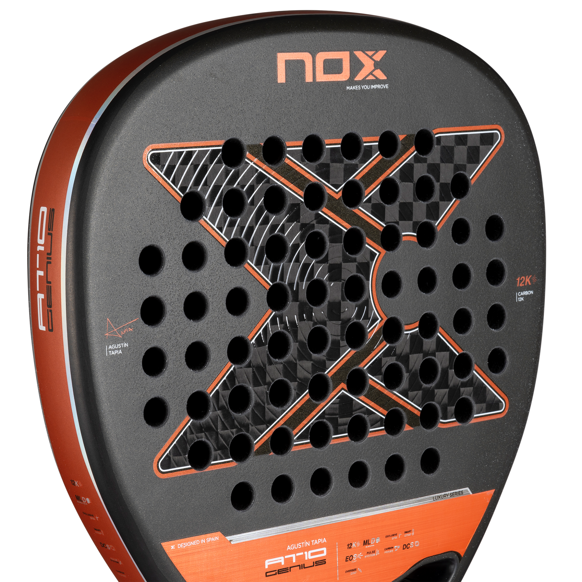Close up image of the hitting surface on the NOX AT10 Genius ATTACK 12K 2025 padel racket inspired by Agustin Tapia that is available in New Zealand from The Padel Shop NZ