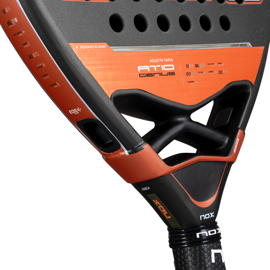 Close up image of the heart on the NOX AT10 Genius ATTACK 12K 2025 padel racket inspired by Agustin Tapia that is available in New Zealand from The Padel Shop NZ