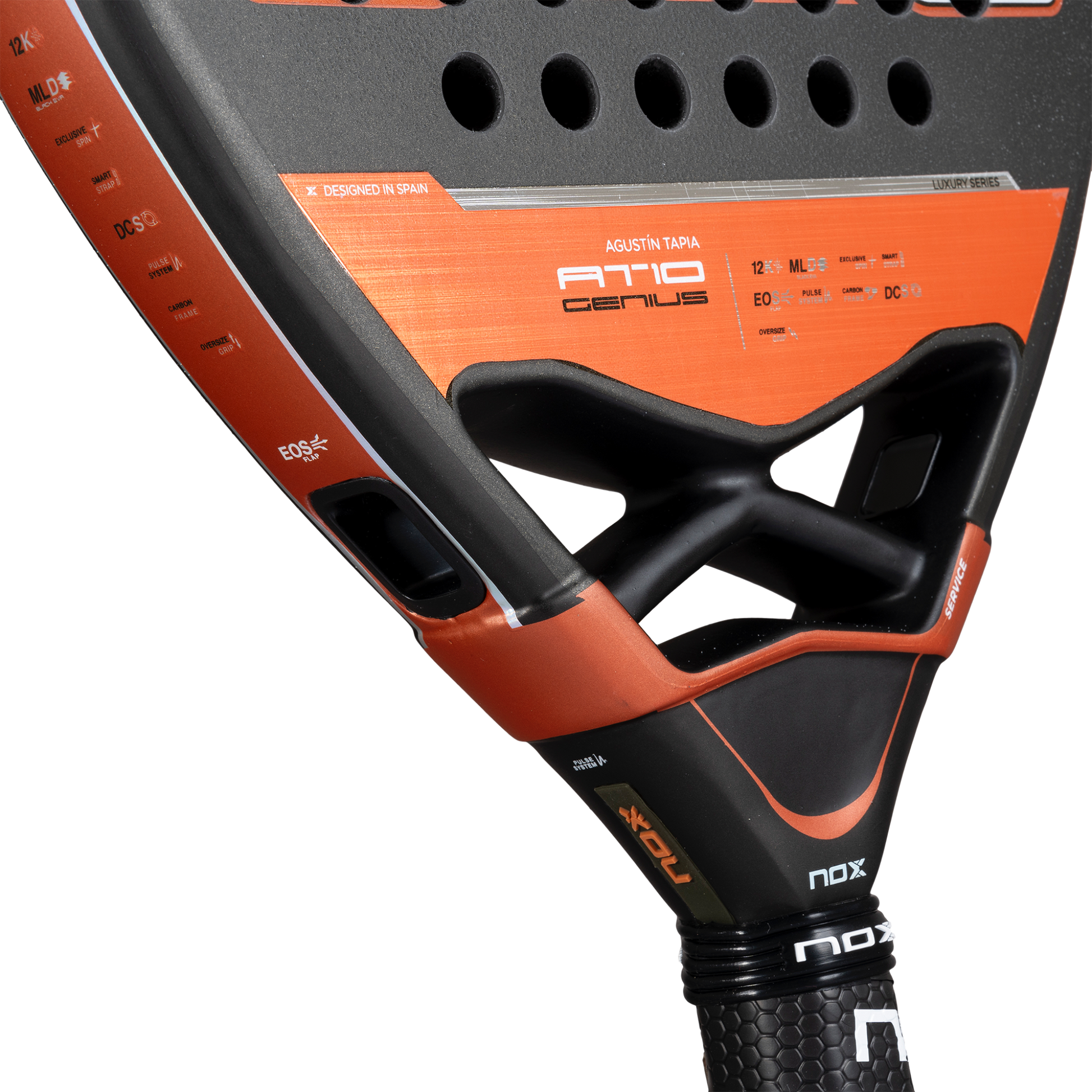 Close up image of the heart on the NOX AT10 Genius ATTACK 12K 2025 padel racket inspired by Agustin Tapia that is available in New Zealand from The Padel Shop NZ