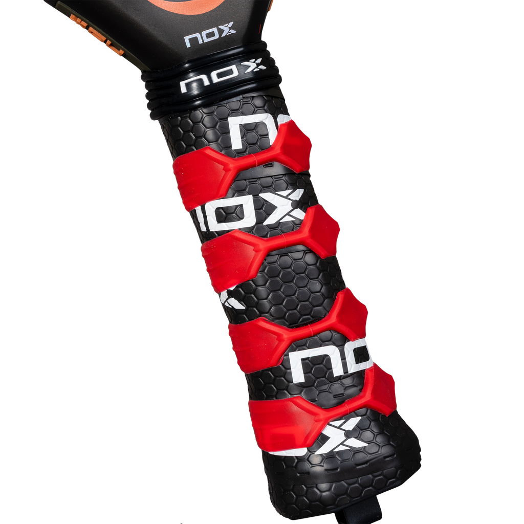Close up image of the handle on the NOX AT10 Genius ATTACK 12K 2025 padel racket inspired by Agustin Tapia that is available in New Zealand from The Padel Shop NZ