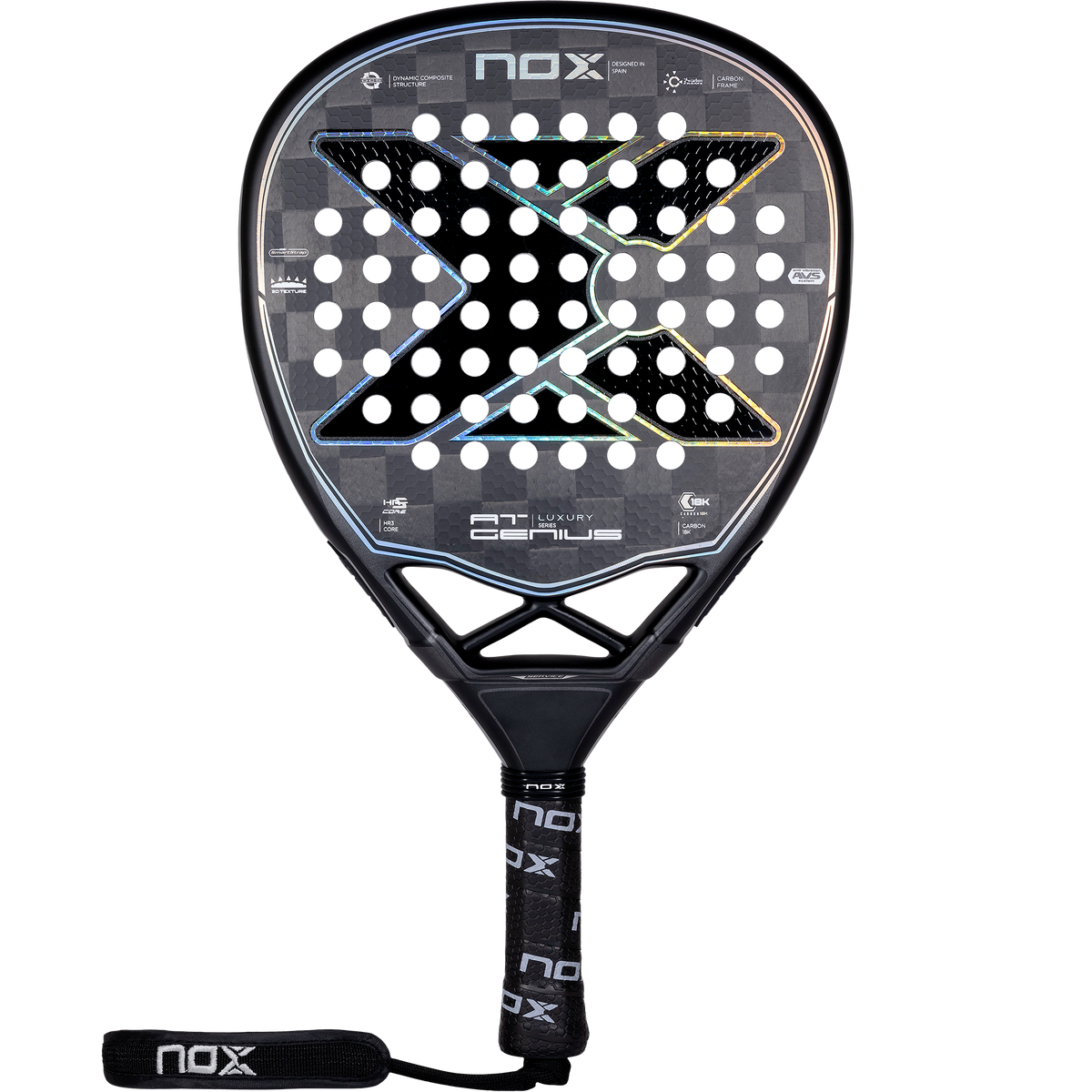 Front face image of the Nox Luxury Genius Attack 18K Padel racket on Sale at thepadelshop.co.nz