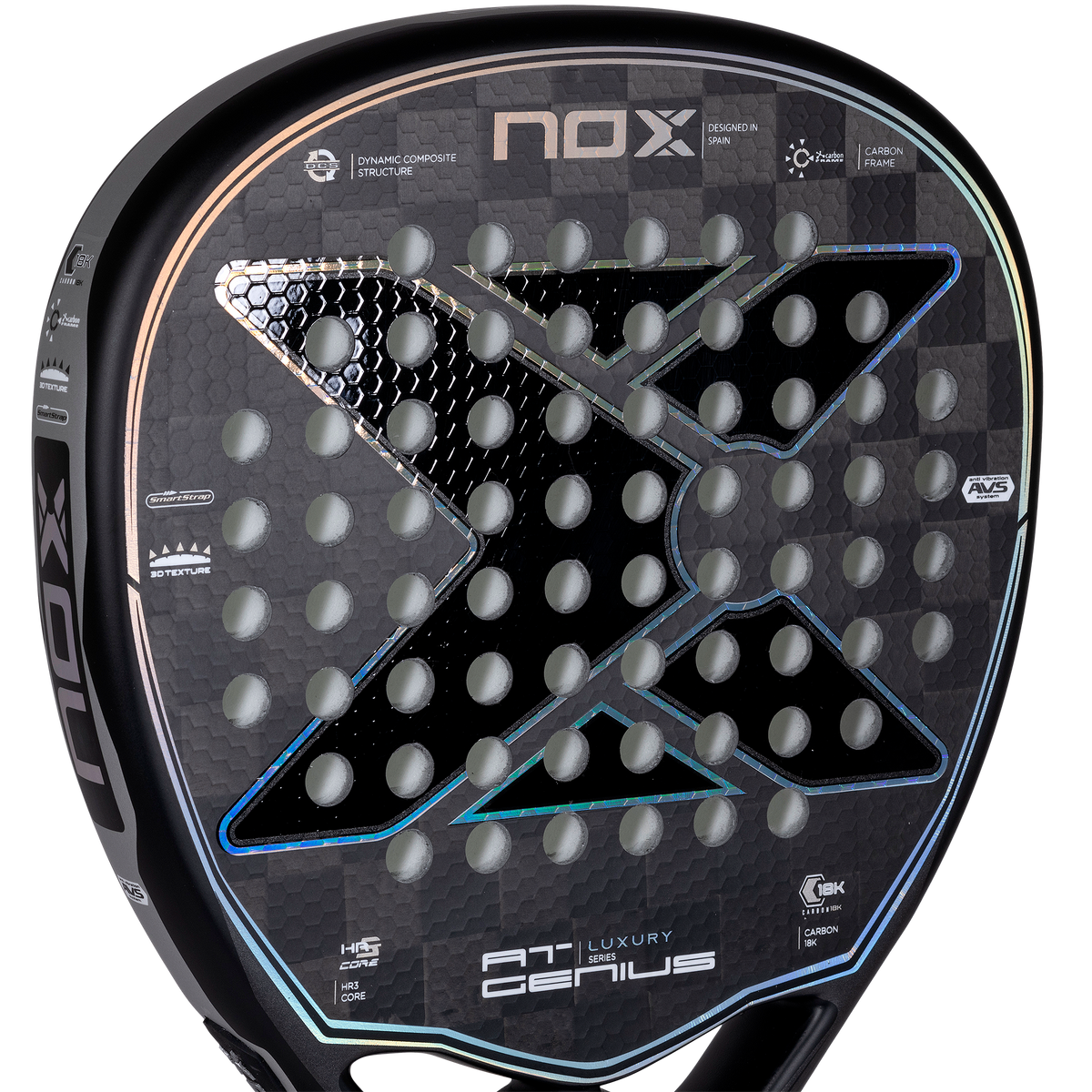 Close up image of to of the Nox Luxury Genius Attack 18K Padel racket on Sale at thepadelshop.co.nz