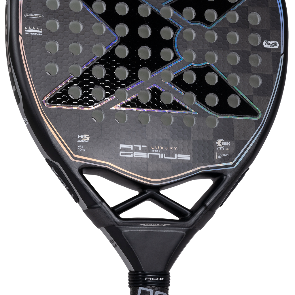 Close up image of throat of a Nox Luxury Genius Attack 18K Padel racket on Sale at thepadelshop.co.nz