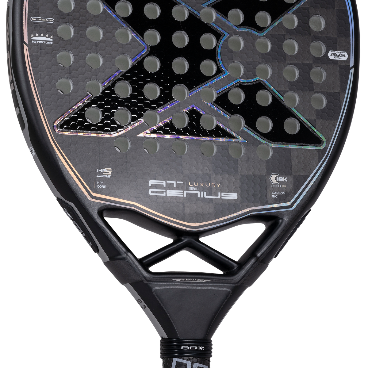 Close up image of throat of a Nox Luxury Genius Attack 18K Padel racket on Sale at thepadelshop.co.nz