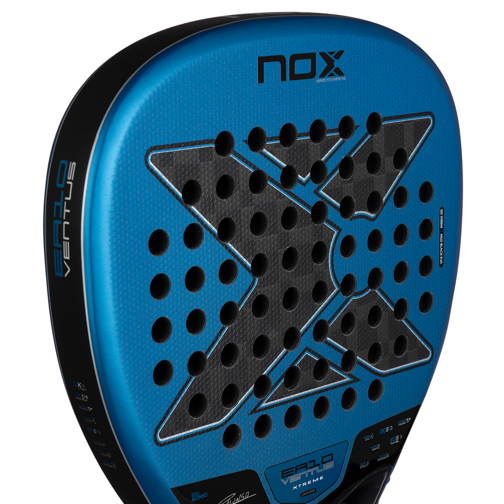 Close up of face of the NOX EA10 Ventus Attack 12k Xtrem 2026 Padel racket by Edu Alonso available in New Zealand from ThePadelShop.co.nz