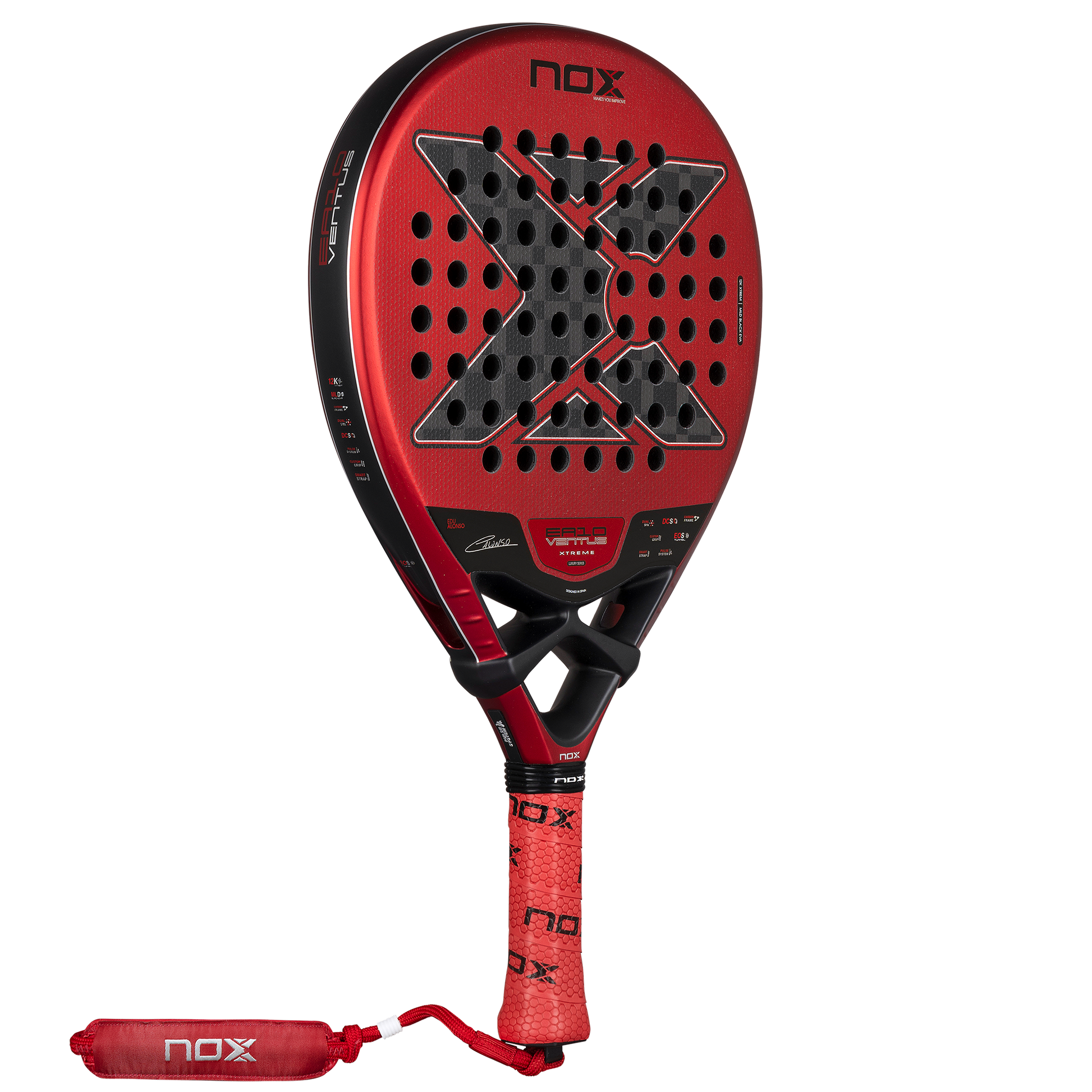 Angled front on image of the NOX EA10 Ventus Hybrid 12K XTREM padel racket. Available at ThePadelShop.co.nz