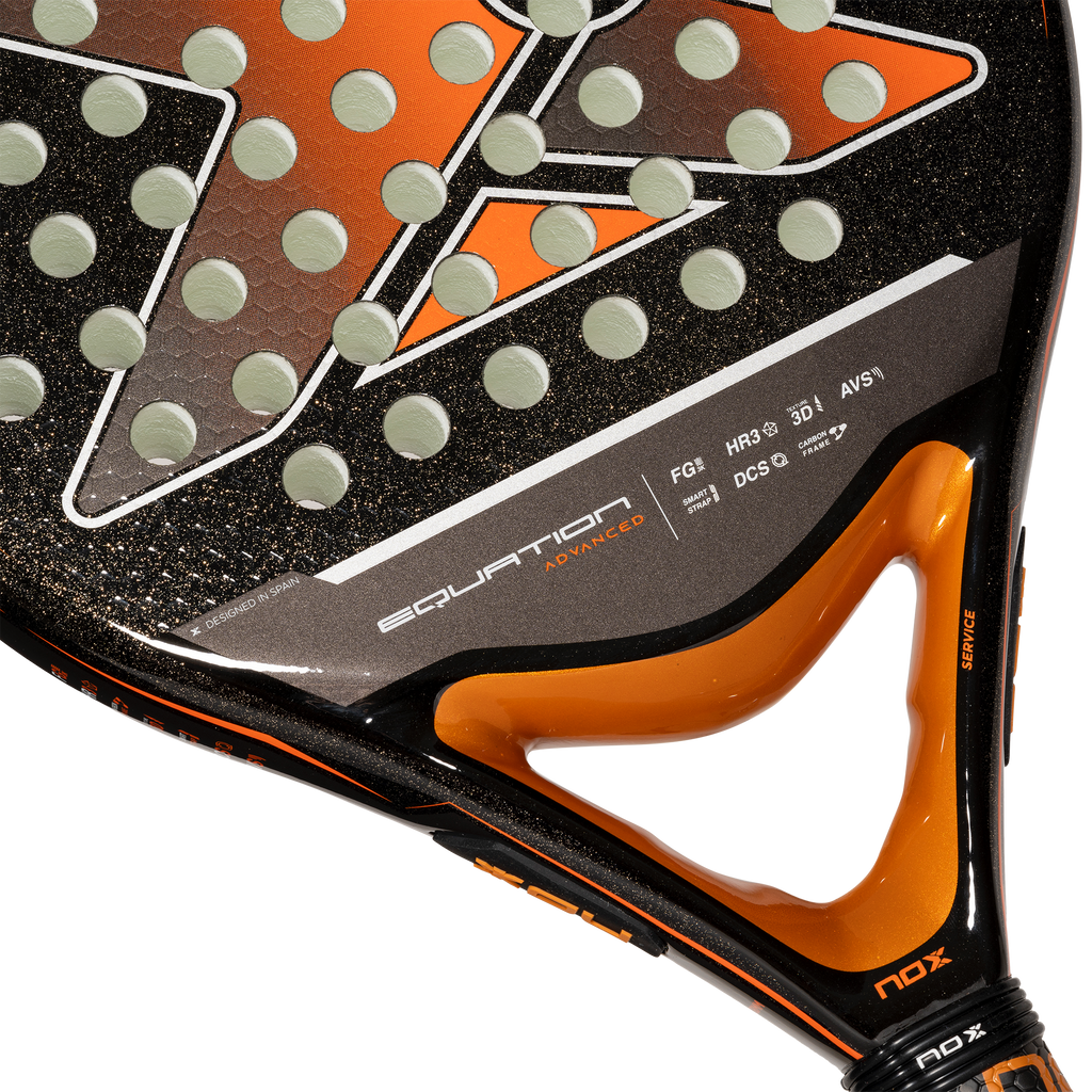 A close up of the throat of the NOX Equation Advanced Orange Padel Racket 2024 available for at thepadelshop.co.nz