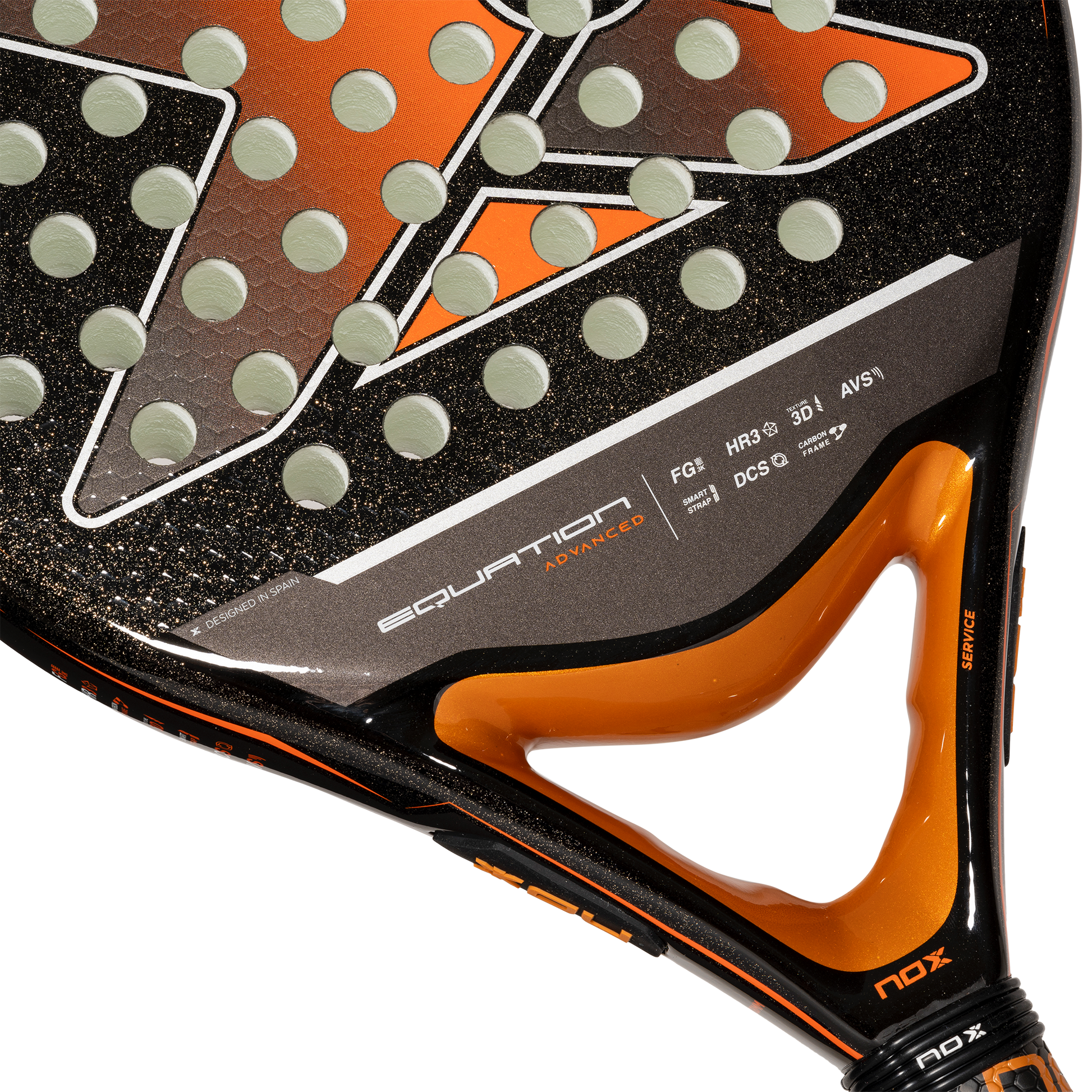 A close up of the throat of the NOX Equation Advanced Orange Padel Racket 2024 available for at thepadelshop.co.nz